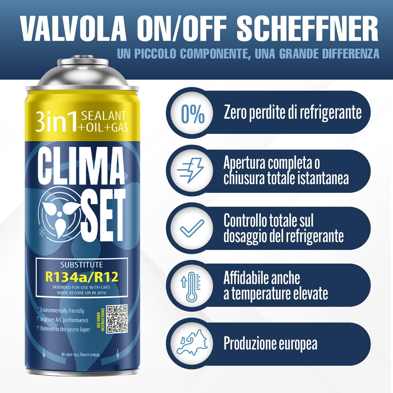 ClimaSet 3in1 Refrigerante di ricambio R134a 170 g - refrigerante R134a, R12 e Olio e Turafalle con tubo gas e manometri condizionatori - kit ricarica clima auto - ECO bombola