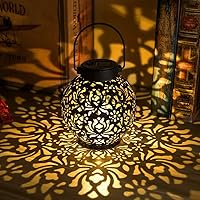ExcMark 2-Pack Solar Hanging Lantern Lights - Metal LED Outdoor Decor for Garden Patio Lawn Table, Black Hollow-Out Shadow Design