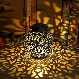 ExcMark 2-Pack Solar Hanging Lantern Lights - Metal LED Outdoor Decor for Garden Patio Lawn Table, Black Hollow-Out Shadow Design