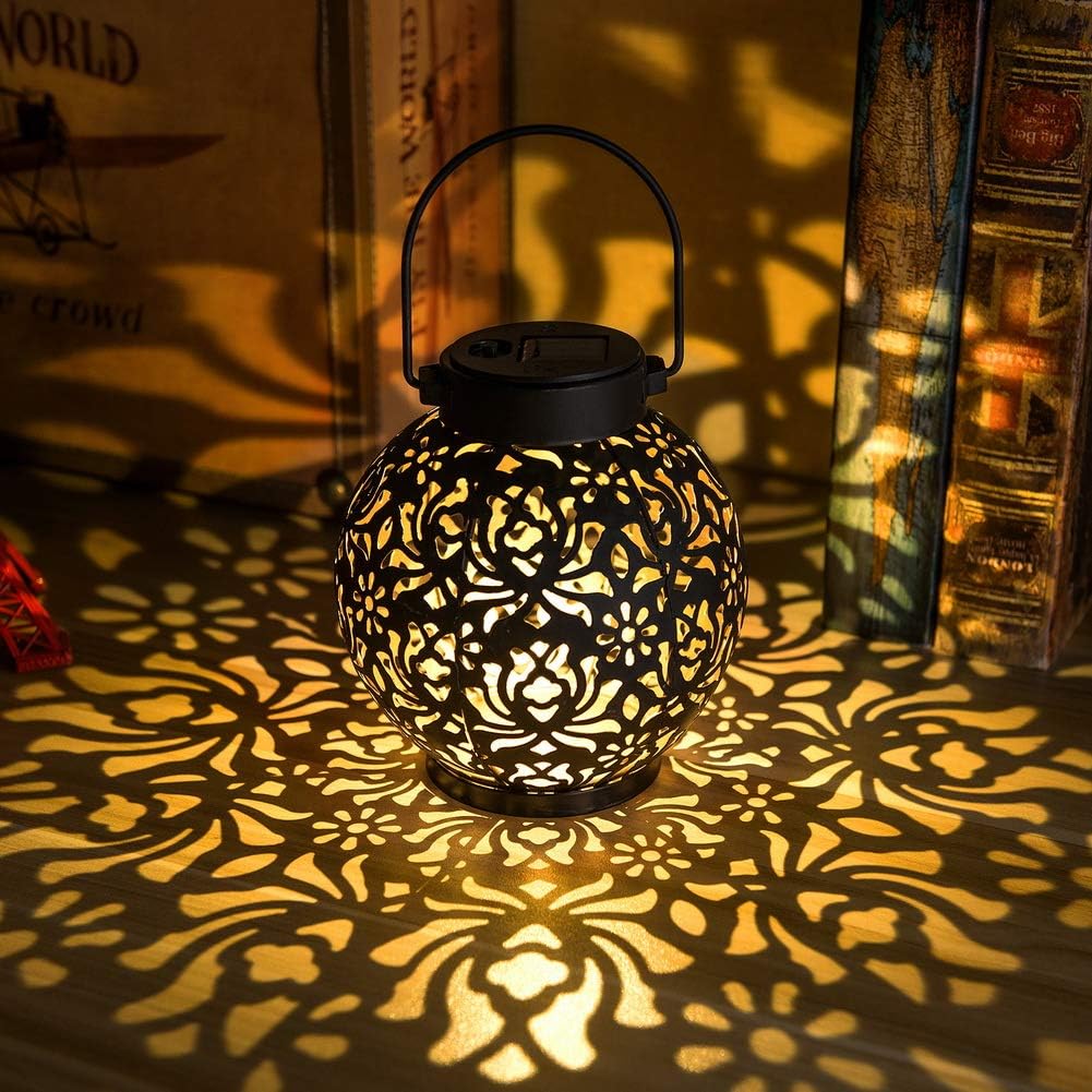 EXCMARK 2 Pack Outdoor Solar Hanging Lantern Lights Metal LED Decorative Lamp for Garden Patio Courtyard Lawn and Table with Hollowed-Out Design (Black)
