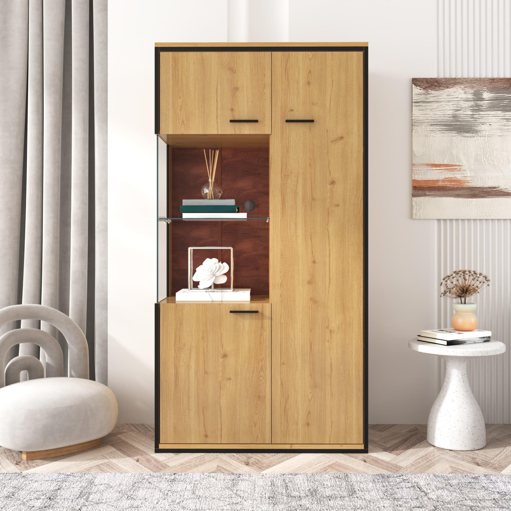 PUGSDRLY Vitrine Moderne éclairage LED,Armoire de Vitrine Salon avec étagère en Verre,Armoire Moderne Polyvalente avec Grand Espace,Meubles de Rangement pour Cuisine Salon et Bureau (Natural)