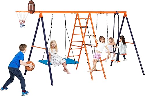 SUPER DEAL Juego de columpios para exteriores para niños, juego de metal con columpios ajustables, escalera de escalada y redes, columpio