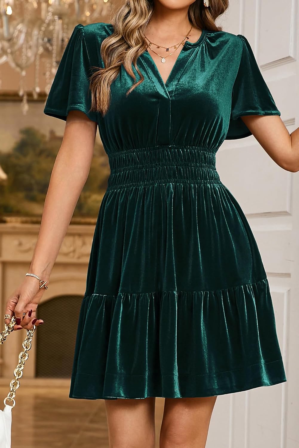 R.Vivimos Women's Fall Winter Vintage Casual Dresses Velvet Short Sleeve V Neck Elastic Waist Tiered Flowy Swing Mini Dress - Image 2