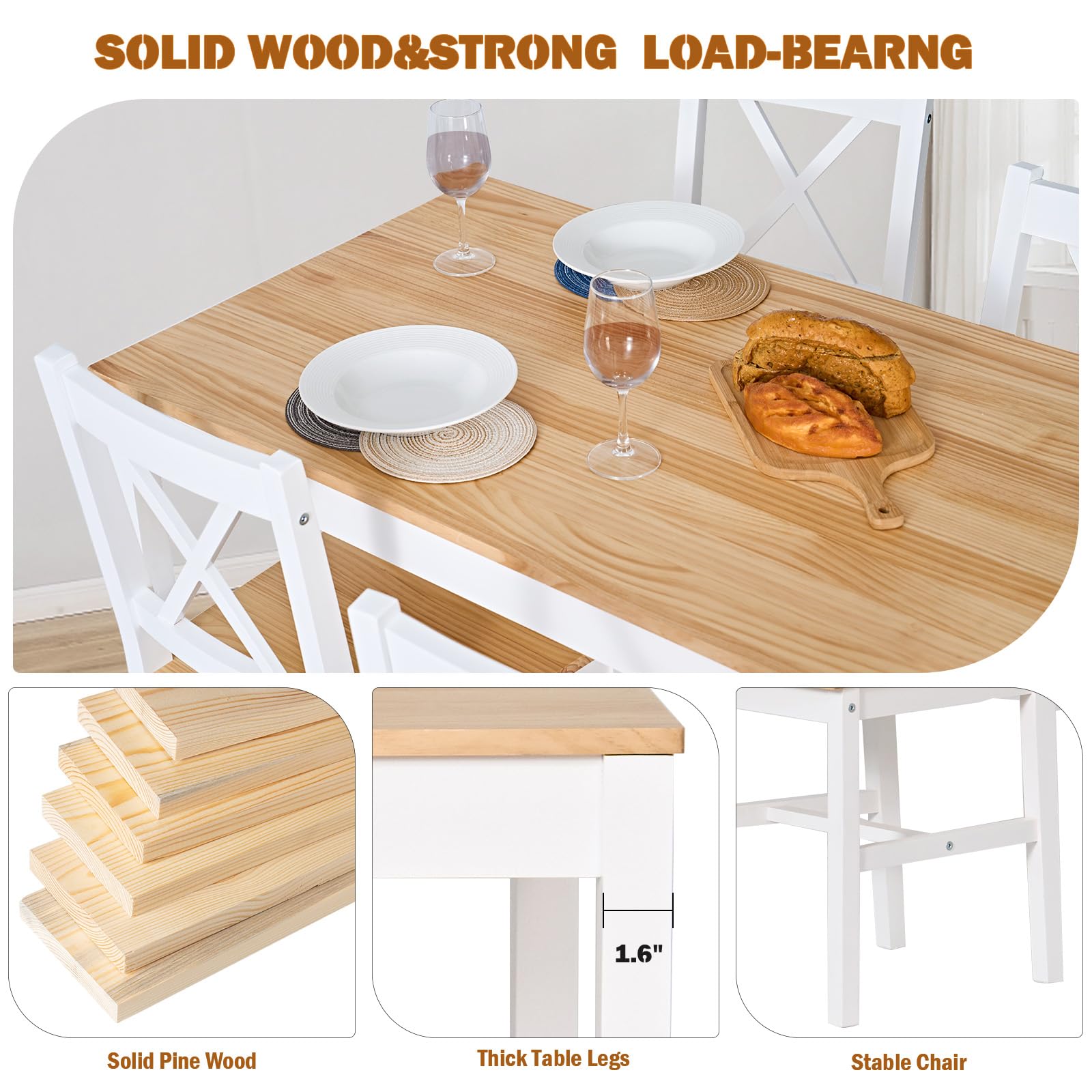 DlandHome Set di 5 pezzi tavolo da pranzo con 4 sedie, set di mobili da cucina in legno di pino teak/bianco