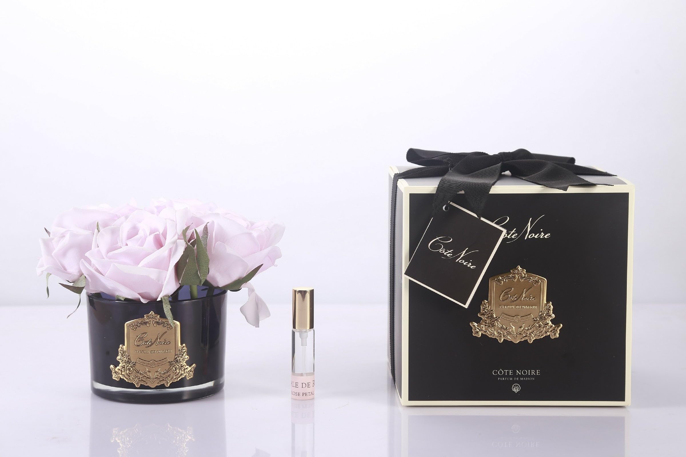Cote Noire Scented Five Roses in a Black Glass Vase- Five Rose French Pink