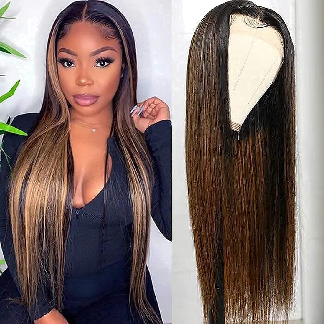 Amazon.com : UNICE 10A Highlight Brown Straight Lace Front T Part Wigs  Human Hair for Black Women Brazilian Virgin Hair Ombre Blonde Frontal Wigs  Middle Part Pre Plucked with Baby Hair 150%