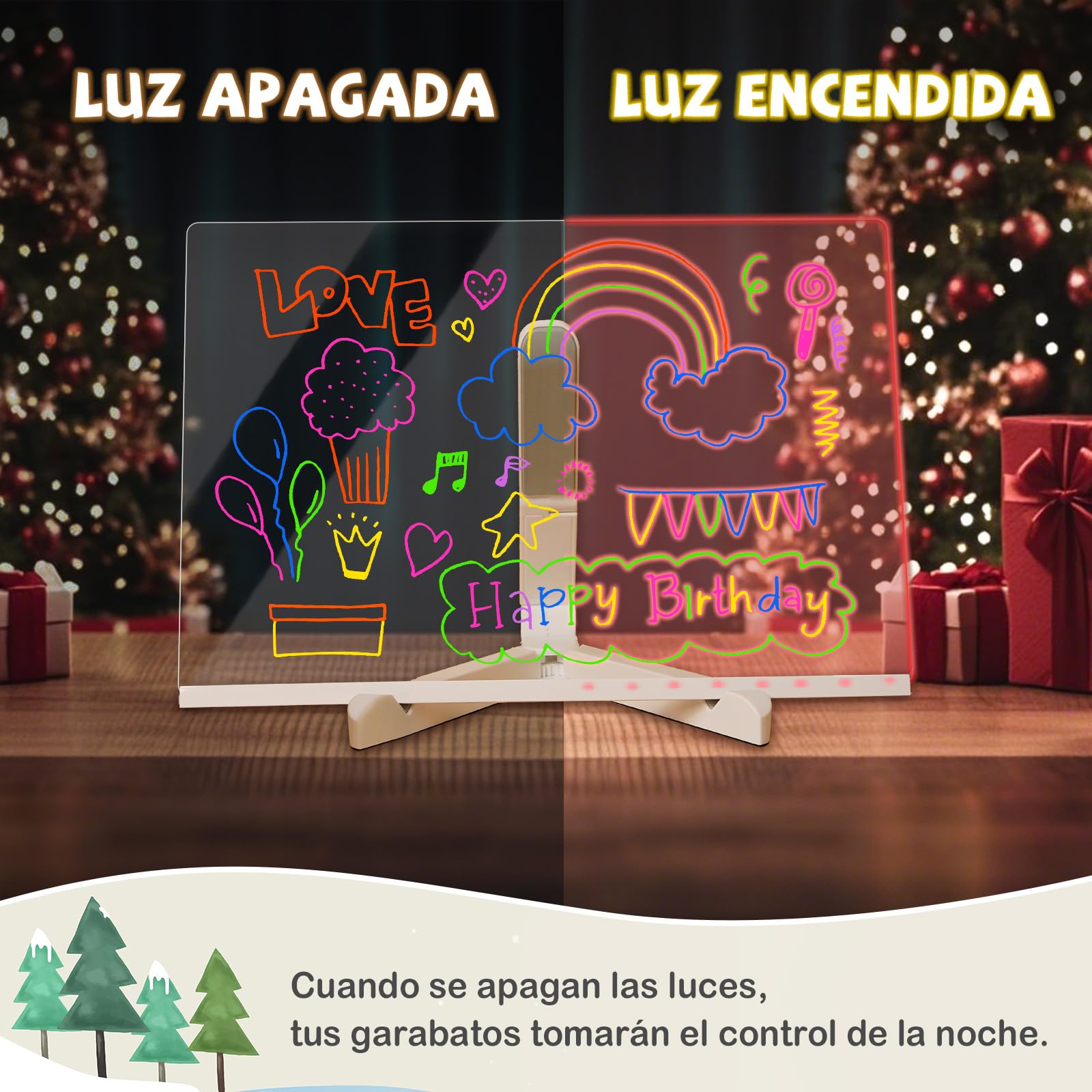 Lustaled Tablero de dibujo LED, tablero acrílico con luz LED para garabatos con bolígrafo de 7 colores, 30 x 20 cm con soporte, tablero mágico de mensajes de escritura LED para niños, tablero de notas