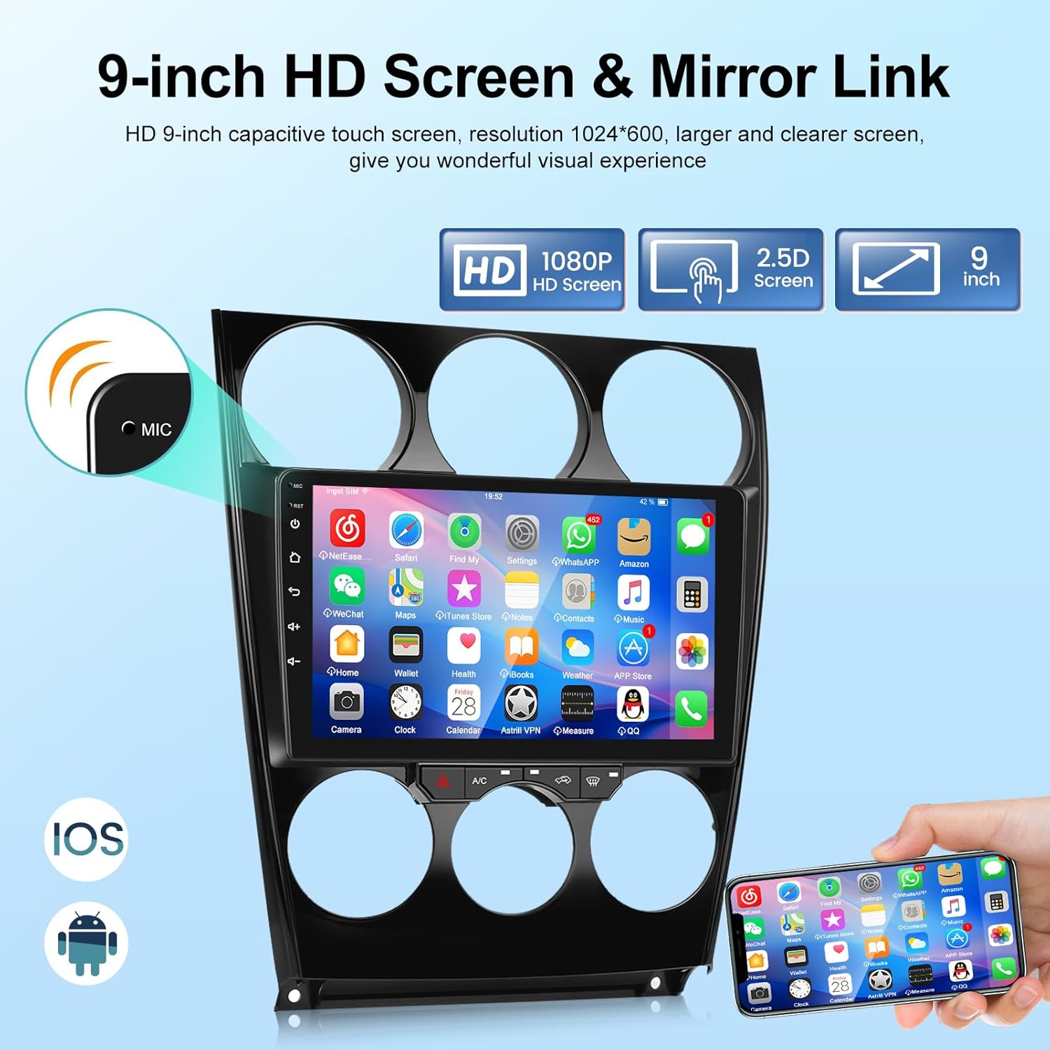 [2+64G] Android Car Stereo for Mazda 6 2002-2008 - Wireless Carplay & Android Auto, 9 Inch HD Touch Screen Aftermarket Radio - WiFi, GPS Navigation, Mirror Link, SWC + AHD Backup Camera + Canbus