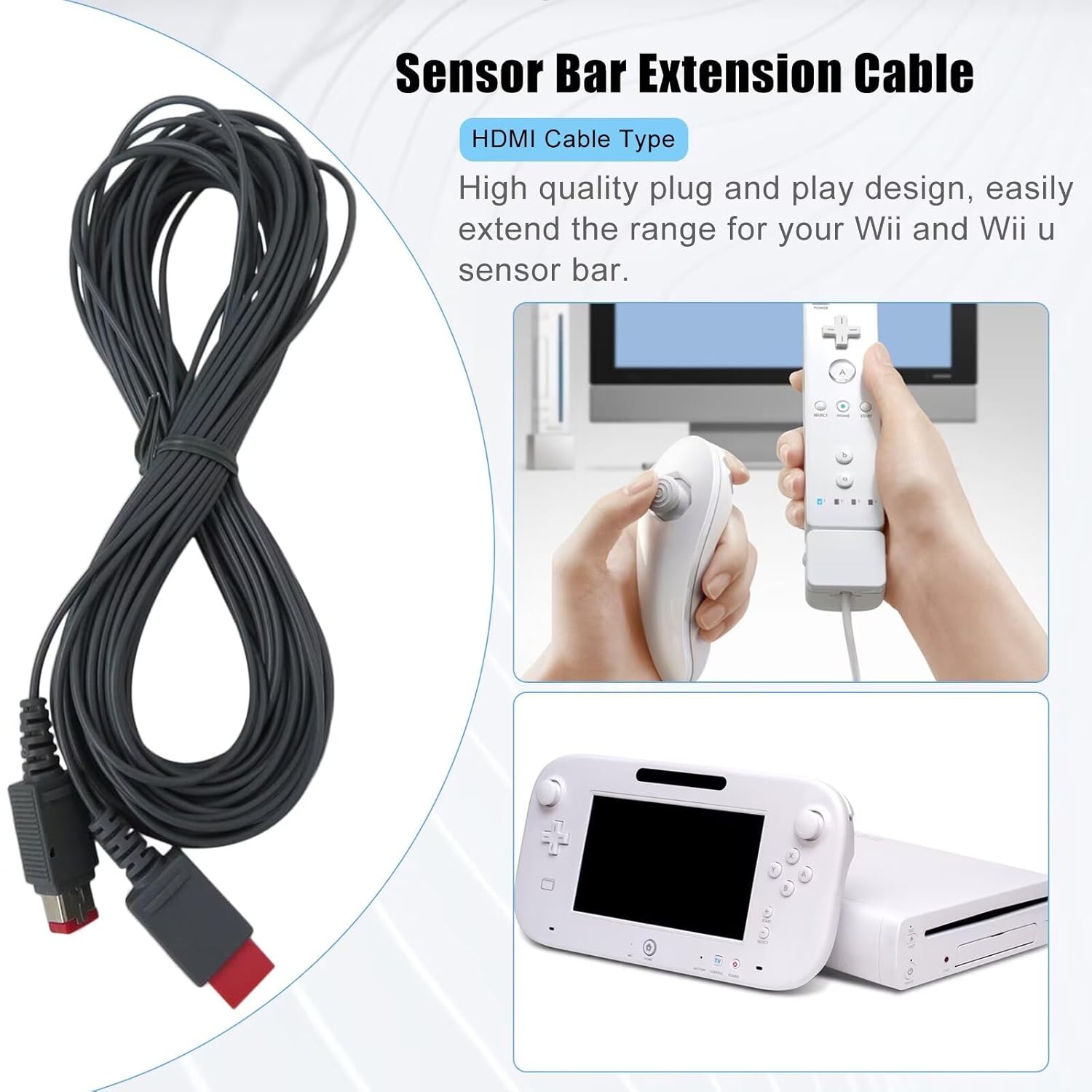 New Hevituwhe 30 FT Long Upgrade Sensor Bar Extension Cable for Wii & Wii U