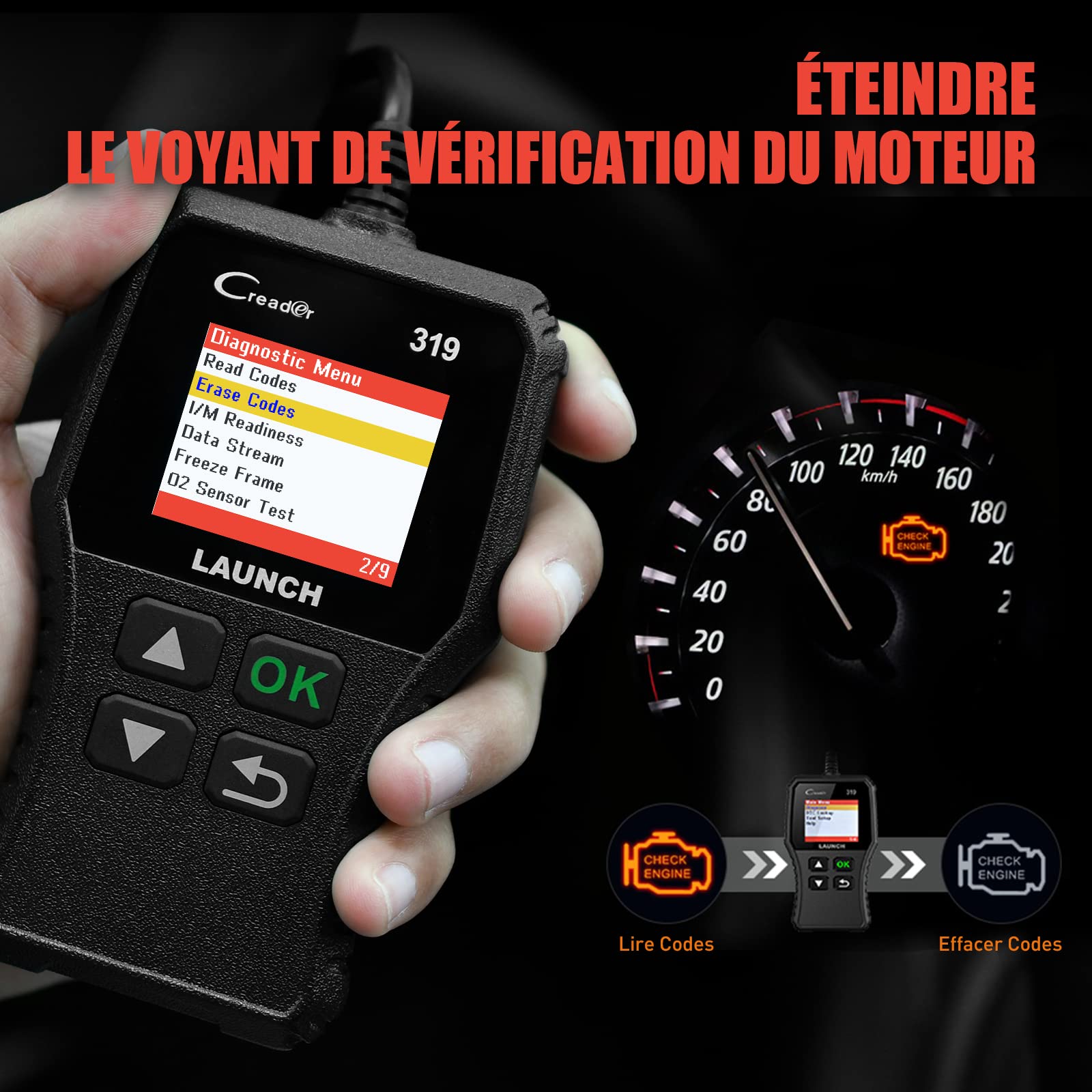 Launch CR319 OBD2 Lecteur de Code d’Erreur du Moteur avec Test d'EVAP / du Sonde O2, Outil de Diagnostic Auto avec Recherche DTC pour Effacer le Voyant MIL du Moteur