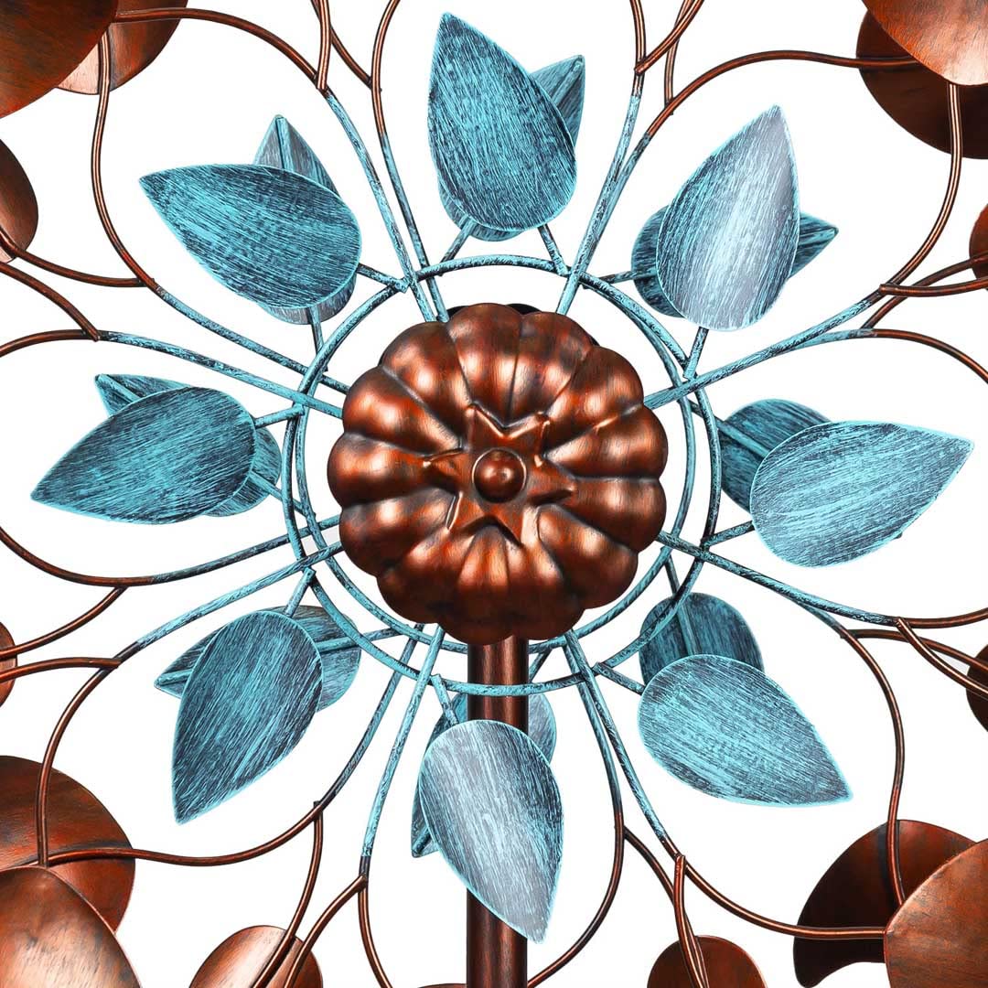 Windspiel Metall - inkl. Bodenanker, Zwei Rotoren für 3D-Optik, mit oder ohne LED in Glaskugel, hochwertige Bunte magische Windspiele für den Garten draußen stehend (Copper Leaf Duett)