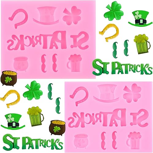 Miniatura 1 de Mujiang Moldes de fondant del día de San Patricio, tréboles, sombrero irlandés, molde de silicona, molde de herradura para bigote, caramelo para