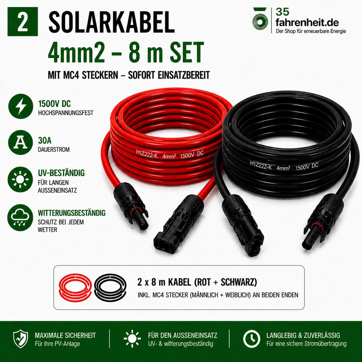 Zestaw kabli solarnych 35 Fahrenheit H1Z2Z2-K 4 mm² | przedłużacz 2 x 8 m wraz z wtyczką solarną | Kabel fotowoltaiczny po obu stronach czerwony/czarny z wtyczką do instalacji solarnej PV | odporny na