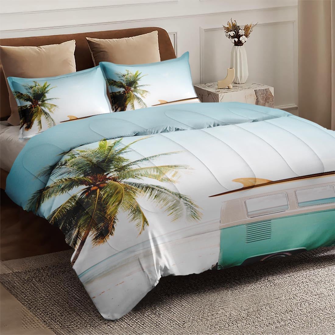3Pcs Full Size Comforter Set, Tropical Beach Sea Surfing Camper Car Motorhome, Bedding Decor Ocean Surf Van Rv Camping Palm Tree for Kids and Adults, Soft Cozy Bedroom Bed Set