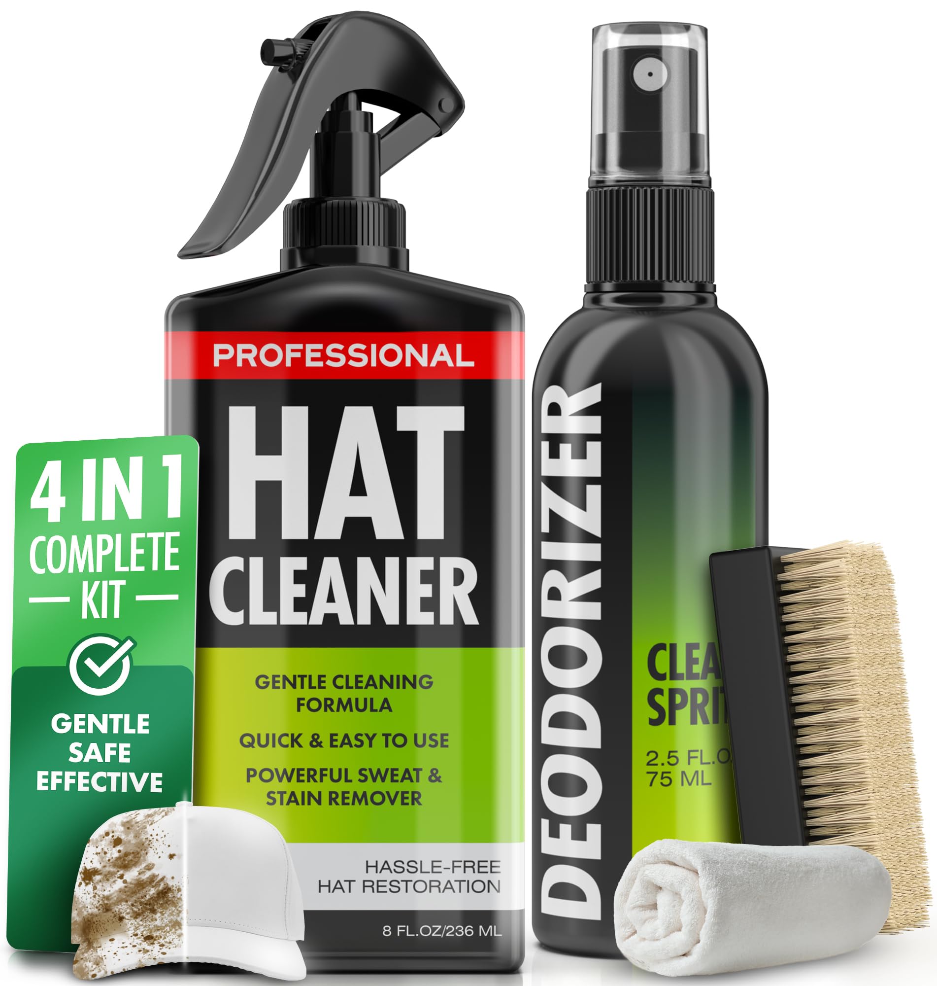 Kit de limpieza profesional para sombreros 4 en 1: elimina la suciedad y las manchas, limpiador suave para gorras de béisbol, sombreros vaqueros ajustados y sombreros de fieltro, limpiador completo con desodorizante, cepillo y paño de microfibra.