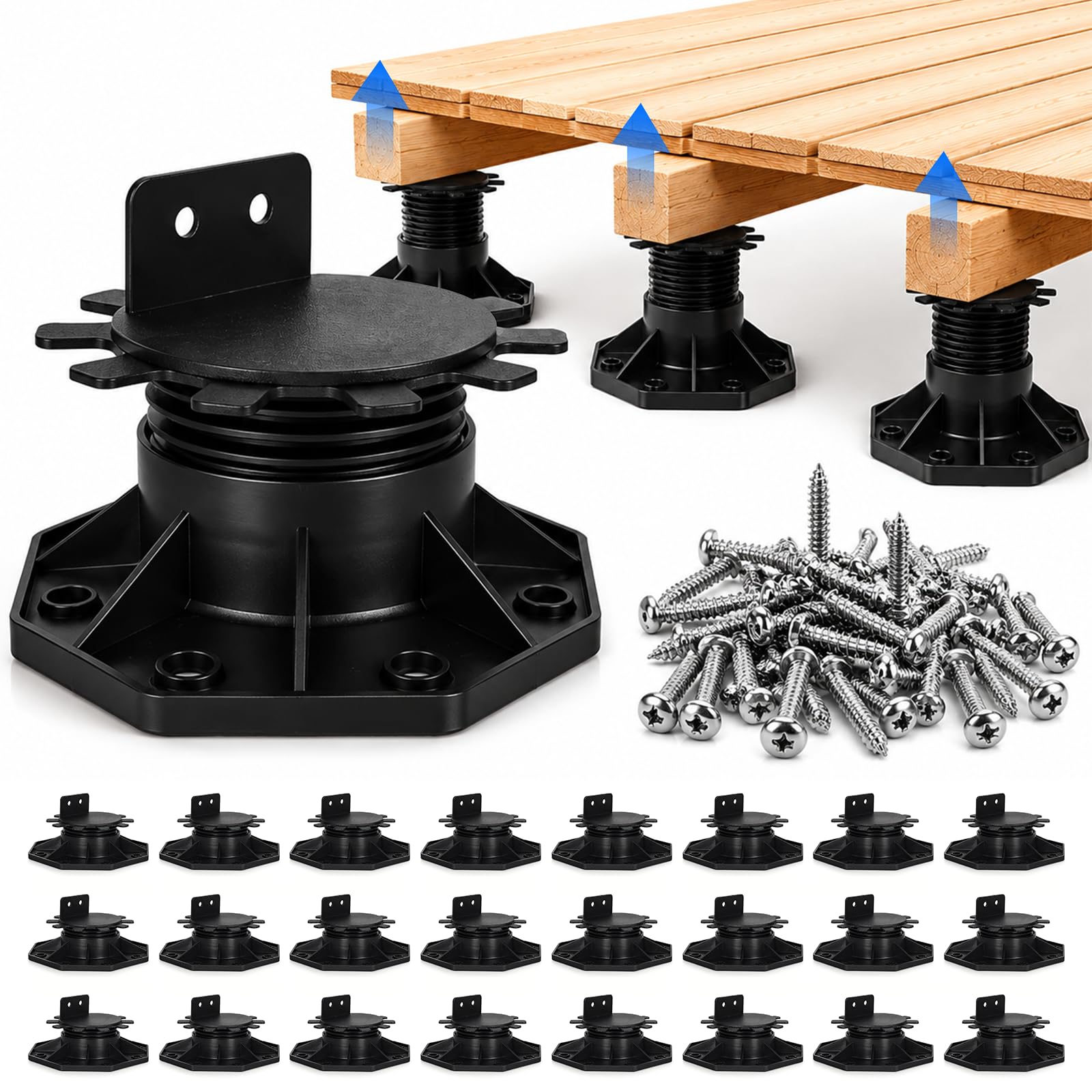 Snovire 24 Pack Adjustable Decking Support Pedestal, 30–60mm Height Adjustable Decking Feet, Heavy Duty Plastic Deck Riser Base Supports for Wood, WPC, Aluminum Flooring and DIY Projects