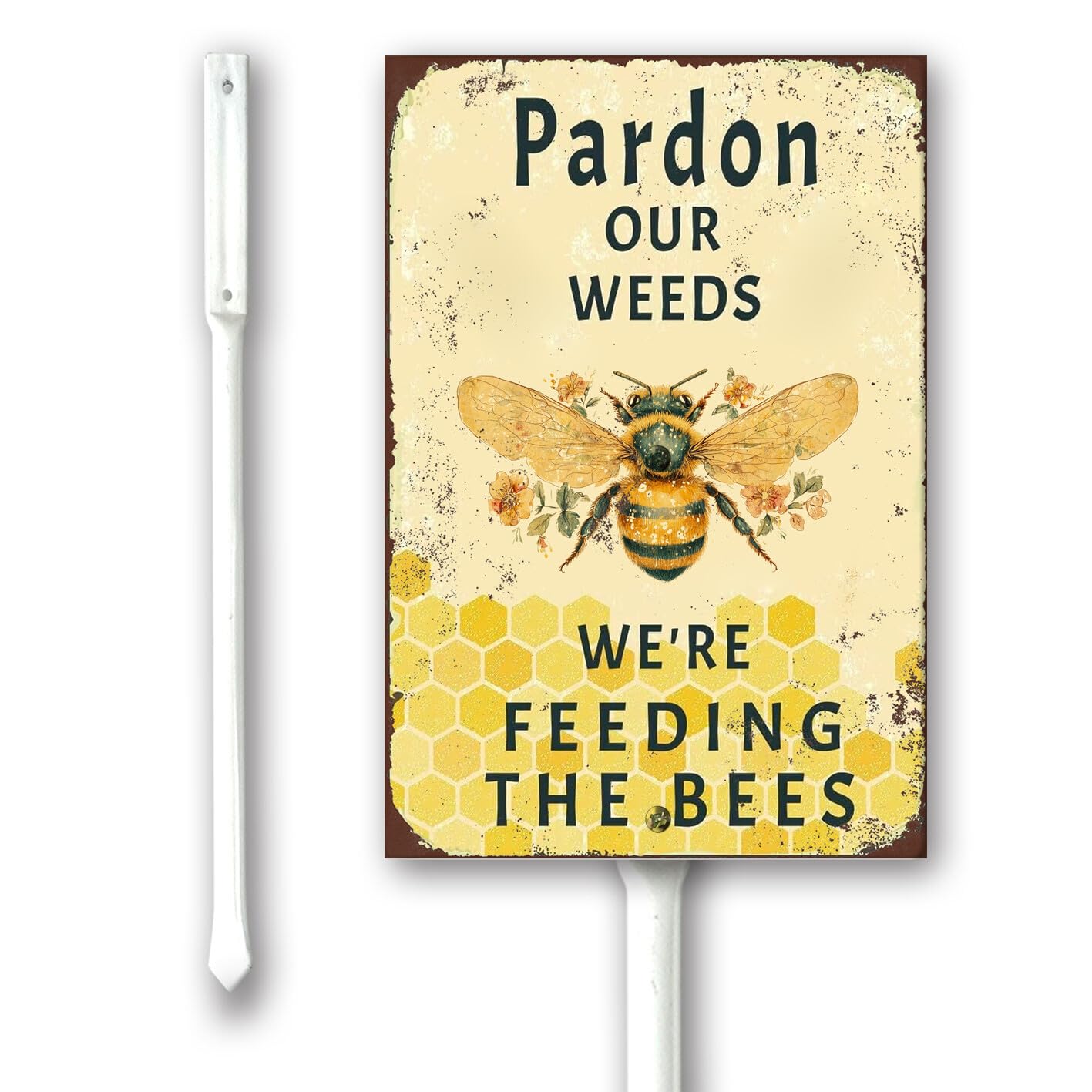 Geroclonup Yard Sign Pardon The Weeds We Are Feeding The Bees With Stake Sturdy Aluminum Signs 11.5x15cm Rustproof Aluminum Sign Privacy for Lawn Yard Garden Decor, Easy to Install, Outdoor Use