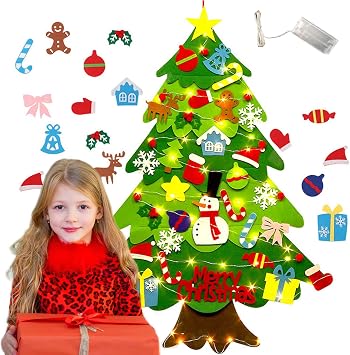 ZTOONE Felt Christmas Tree for Kids, 3.3ft DIY Felt Xmas Tree with 30 LED Lights and 32Pcs Detachable Christmas Ornaments Handmade New Year Christmas Door Wall Hanging Decorations