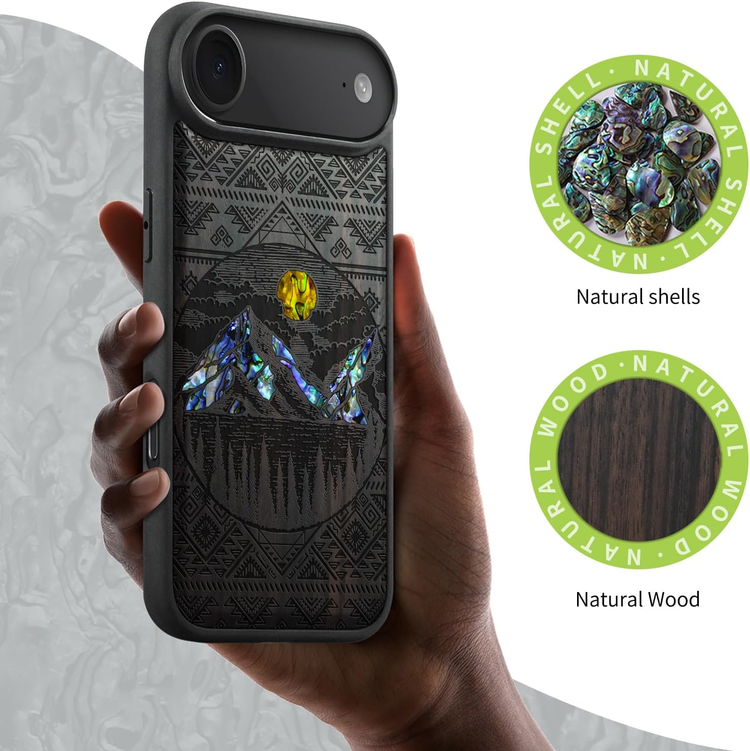 Carveit Magnetic Case for iPhone Air Case, Wood Artisan Engraved & Handmade Shell Inlaid, TPU Shockproof Cover, Compatible with MagSafe 17 Air Wireless Chargers (Aztec Style Alpine Lakes-Blackwood)
