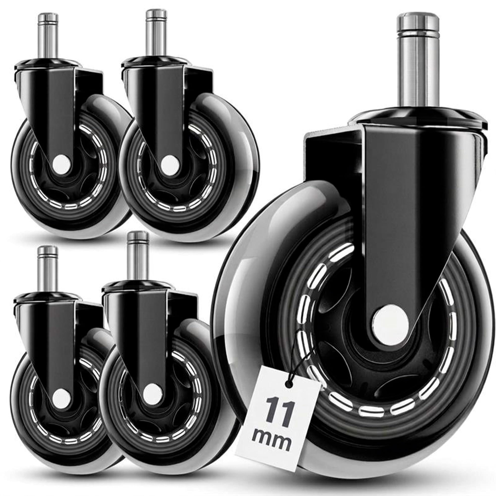 Ediesi, Ruedas Silla Oficina Silicona (Juego de 5) – Ruedas Giratorias Silenciosas y Suaves – Recambio Universal 11x22mm – No Rayan Suelo, Alta Resistencia Acero (11x22 mm) - 2