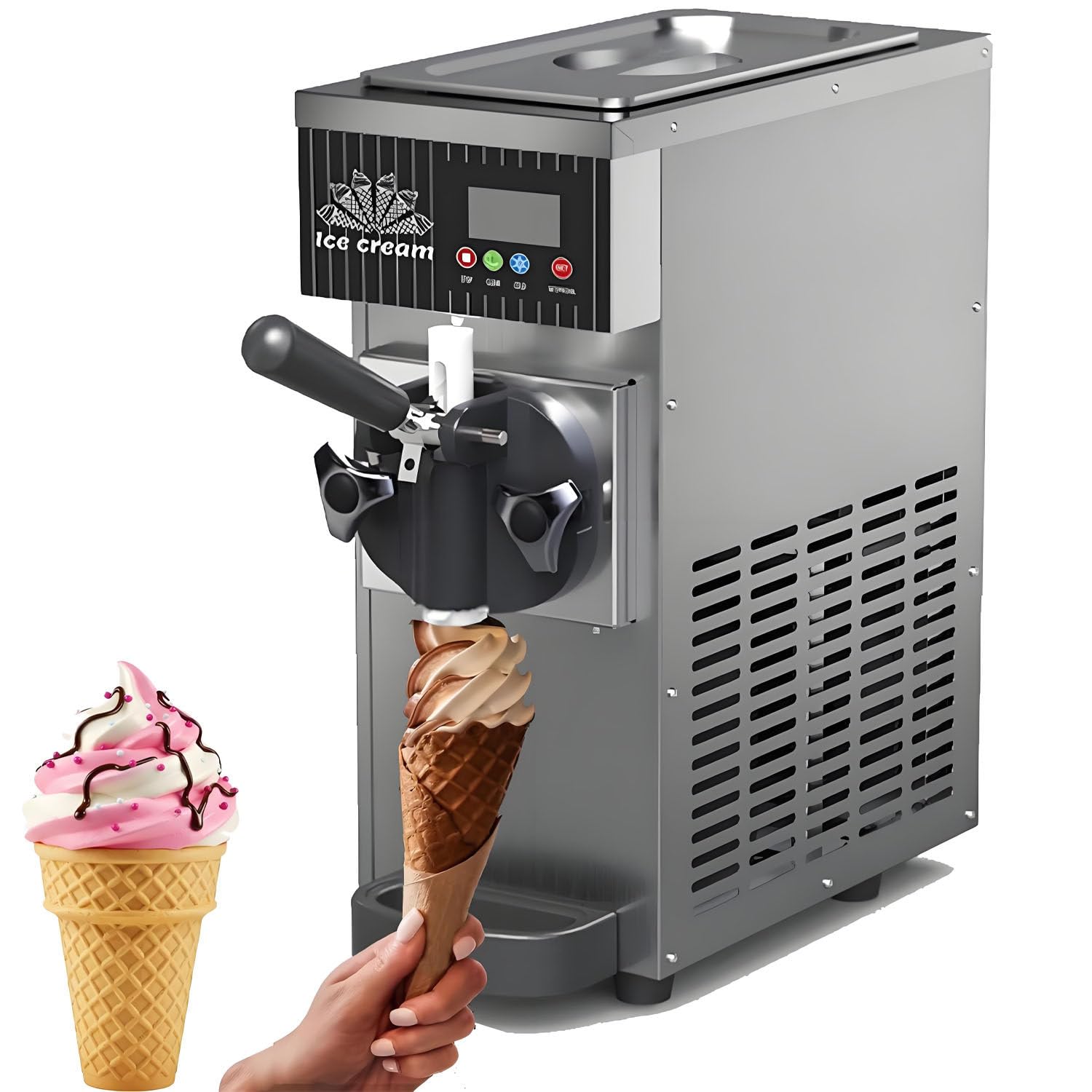 Máquina de helado Soft Serve para el hogar, máquina de helado de encimera, rendimiento de 4-5 kg/h, preenfriamiento, limpieza automática, panel LCD, sabor único