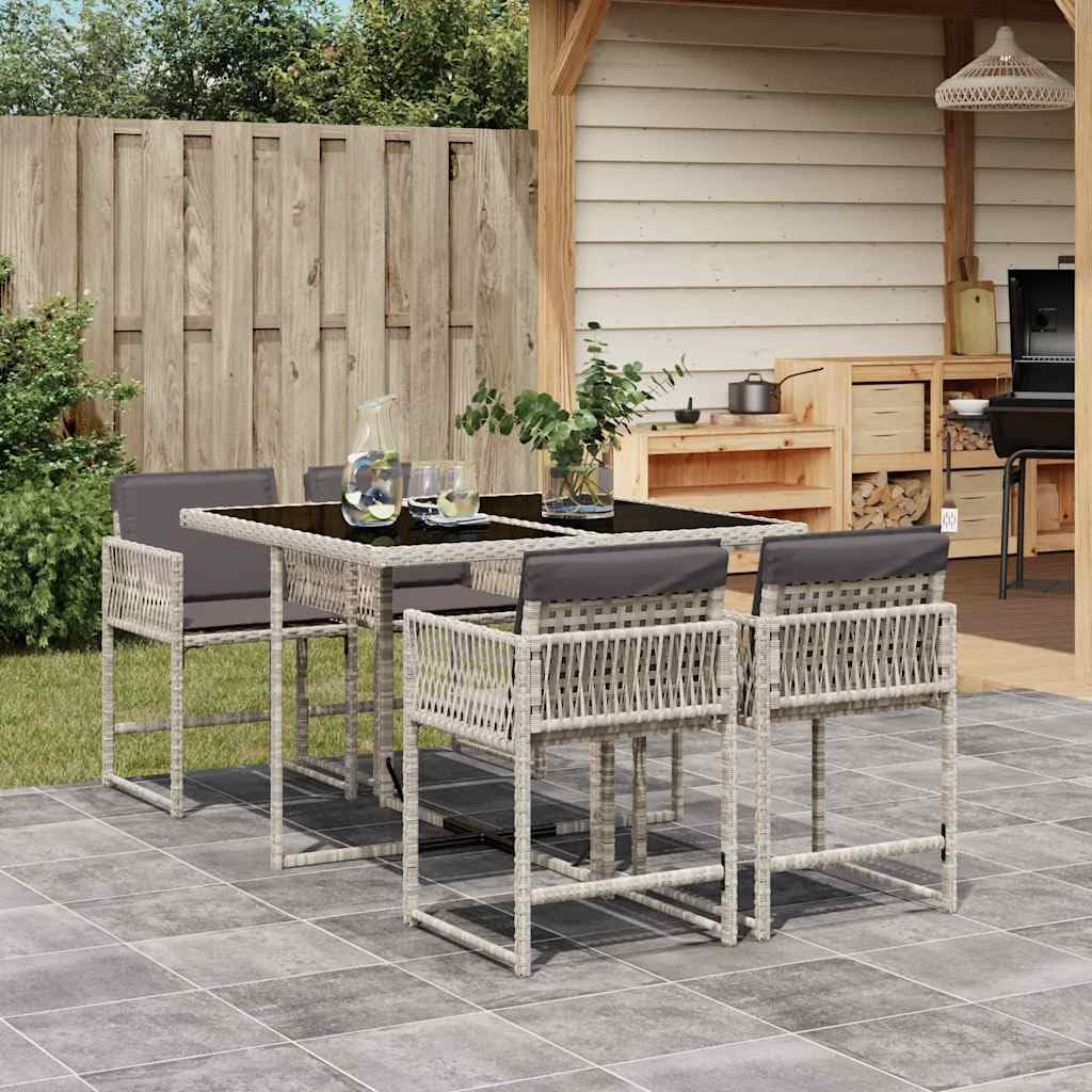 Salon de jardin 5 pièces en polyrotin gris avec table en verre
