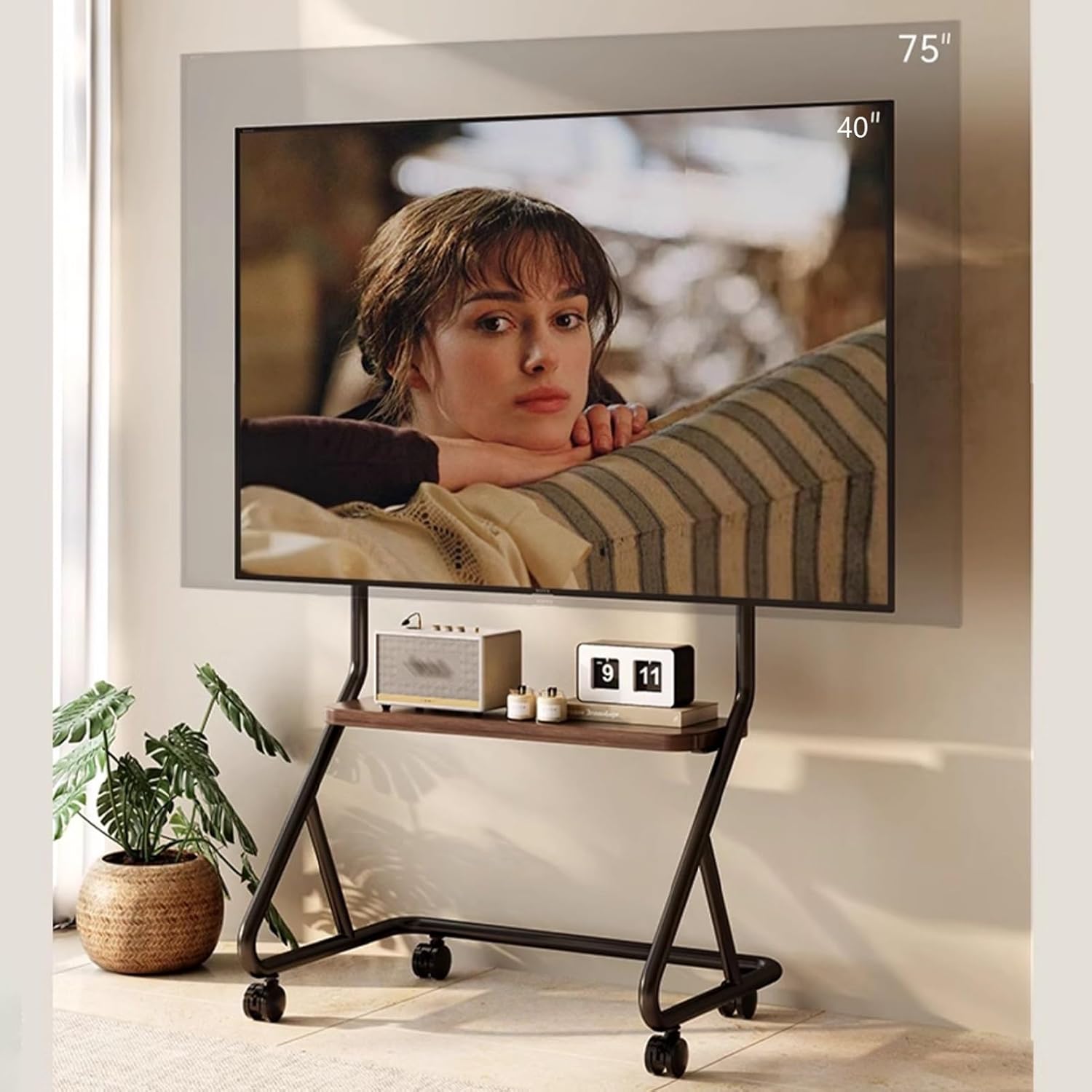 Mobile TV Stand, Mobile TV Cart with Wheels, Rolling TV Stand with Storage Shelf, Rolling TV Cart for 40-75 Inch TV, Floor TV Stand