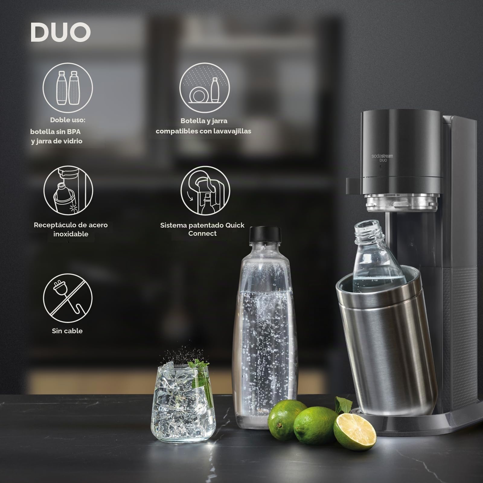Sodastream Duo - Máquina de agua con gas y soda para jarra de cristal | Pack 1 jarra de cristal 1L + 1 botella 1L acabado acero inoxidable lavavajillas + 1 recarga de gas de 60 L para Clipser, color