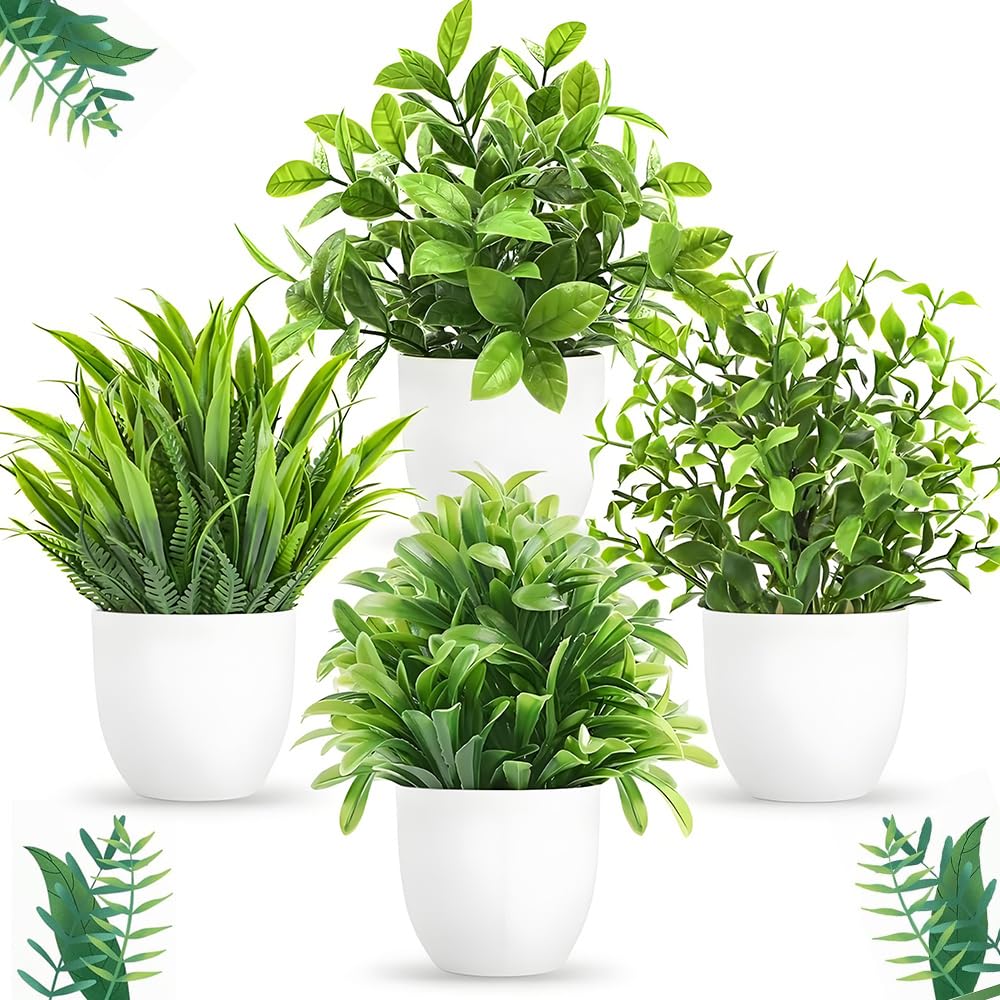 WZHHDM Small Artificial Plants, 4PCS Mini Fake Plants, Plastic Plants Greenery Potted Plastic Fake Mini Artificial Faux Potted for Home Bathroom Office(Green) (Eucalyptus/Arhat/Kuiye/Spring Grass)