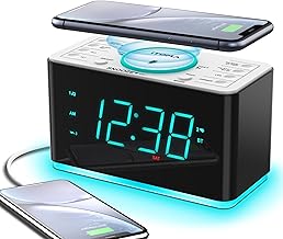 Alarm Clock Radio, 15 W Ultra Fast Wireless Phone Charger with Bluetooth, USB Port, Dual Alarm, Sleep Timer, Snooze, Dimmer, FM Radio,Cyan LED Night Light &1.4" Display iTOMA CKS207