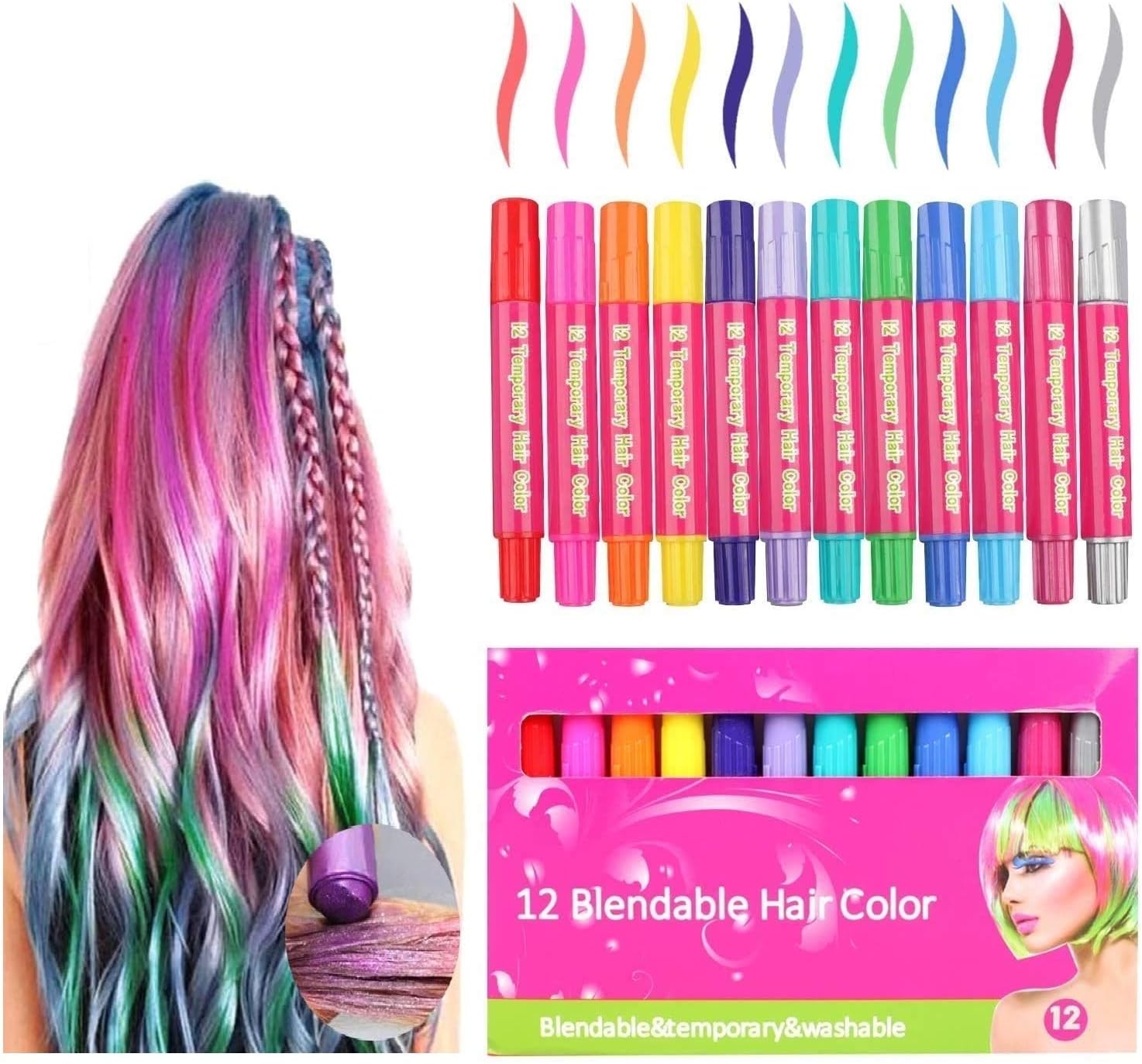 Hair Chalk, 12 Colors Hair Crayons for Girls Kids Washable Non-Toxic Portable Hair Chalk Pens for Party and Cosplay DIY