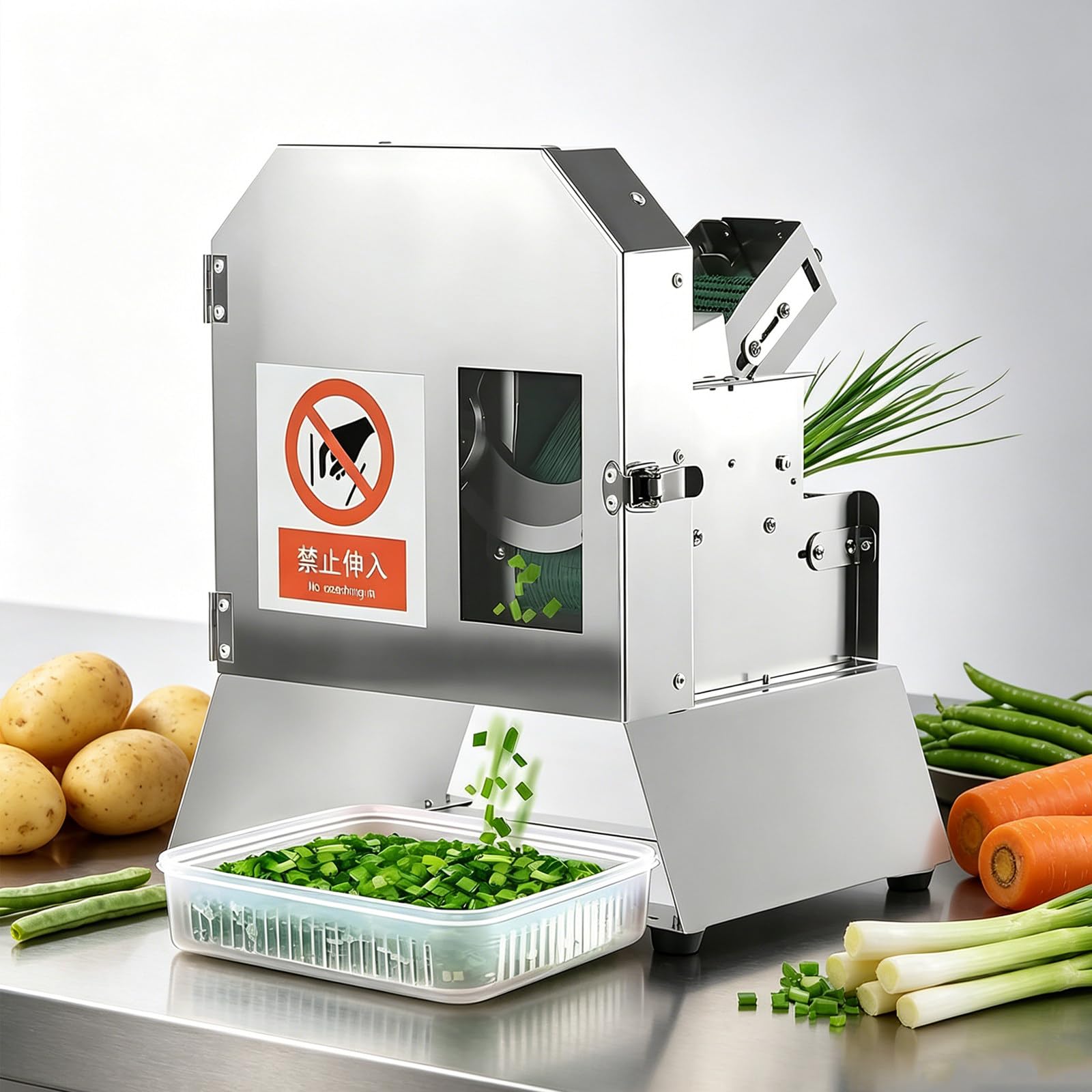 Affettatrice elettrica per Verdure, affettatrice Professionale per Frutta e Verdura per Patate, Carote, cipollotti, Apertura di Taglio Larga 7cm, Spessore da 1,5 a 35mm, Portata 180 kg/h