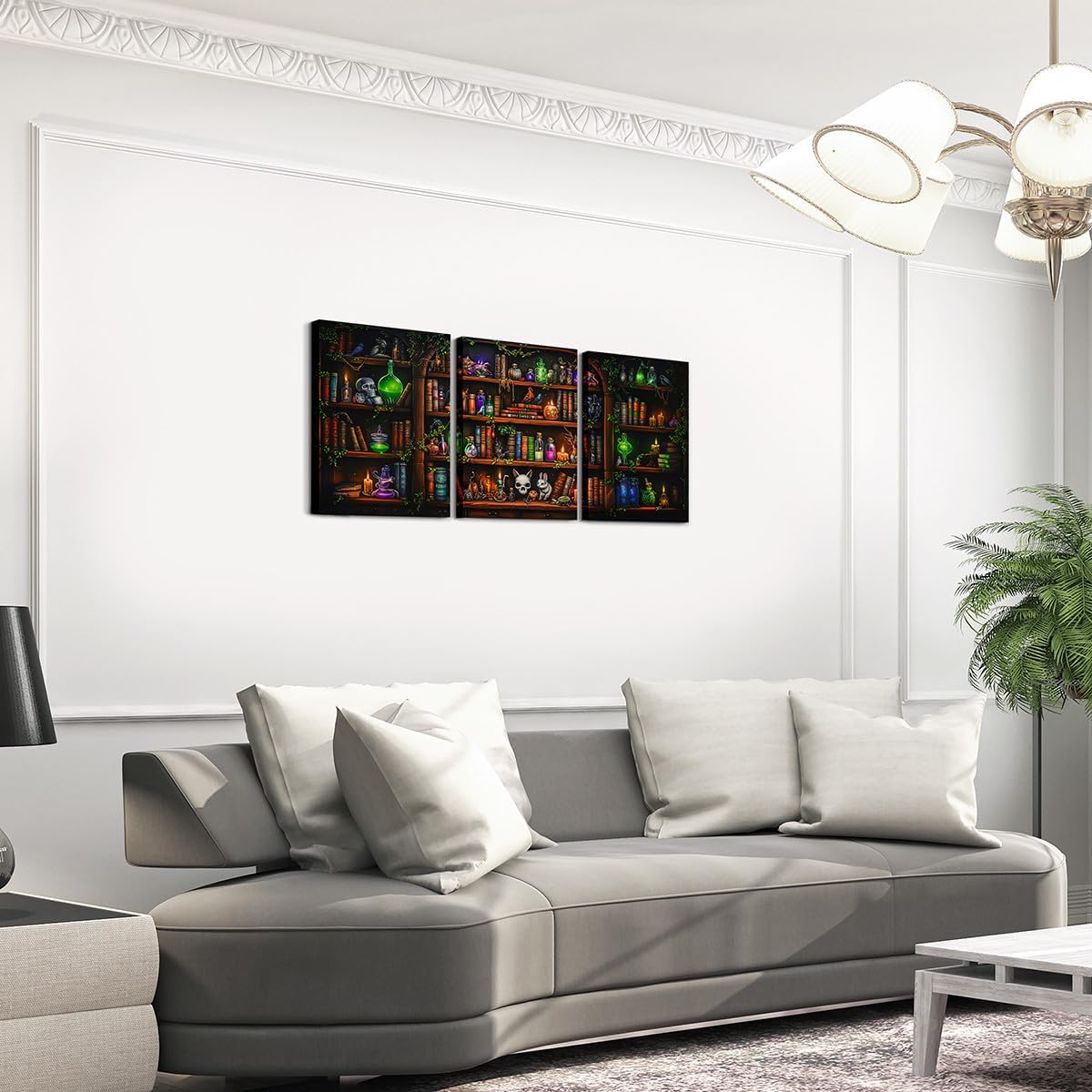 Erosebridal Magical Bookcase Canvas Wall Art Set of 3,Chemistry Lab Bookshelf Pictures Wall Decor,Hippie Spooky Halloween Skull Poster Prints for Bedroom Living Room Home Decor