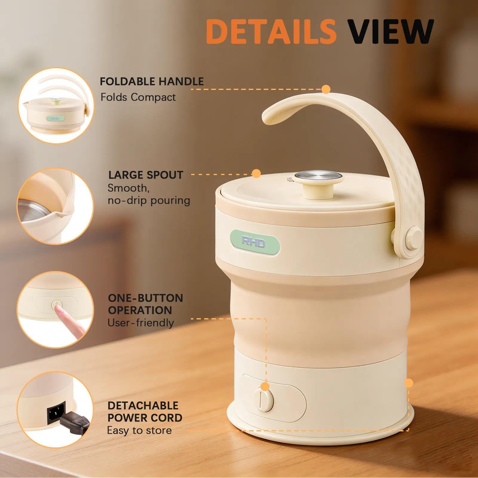 RHD Bouilloire Électrique Pliable 0.6L 600W sans BPA Silicone Jaune | Compact et Gain de Place, Arrêt Automatique, Chauffage Rapide, Léger et Portable pour Voyage, Bureau et Dortoir