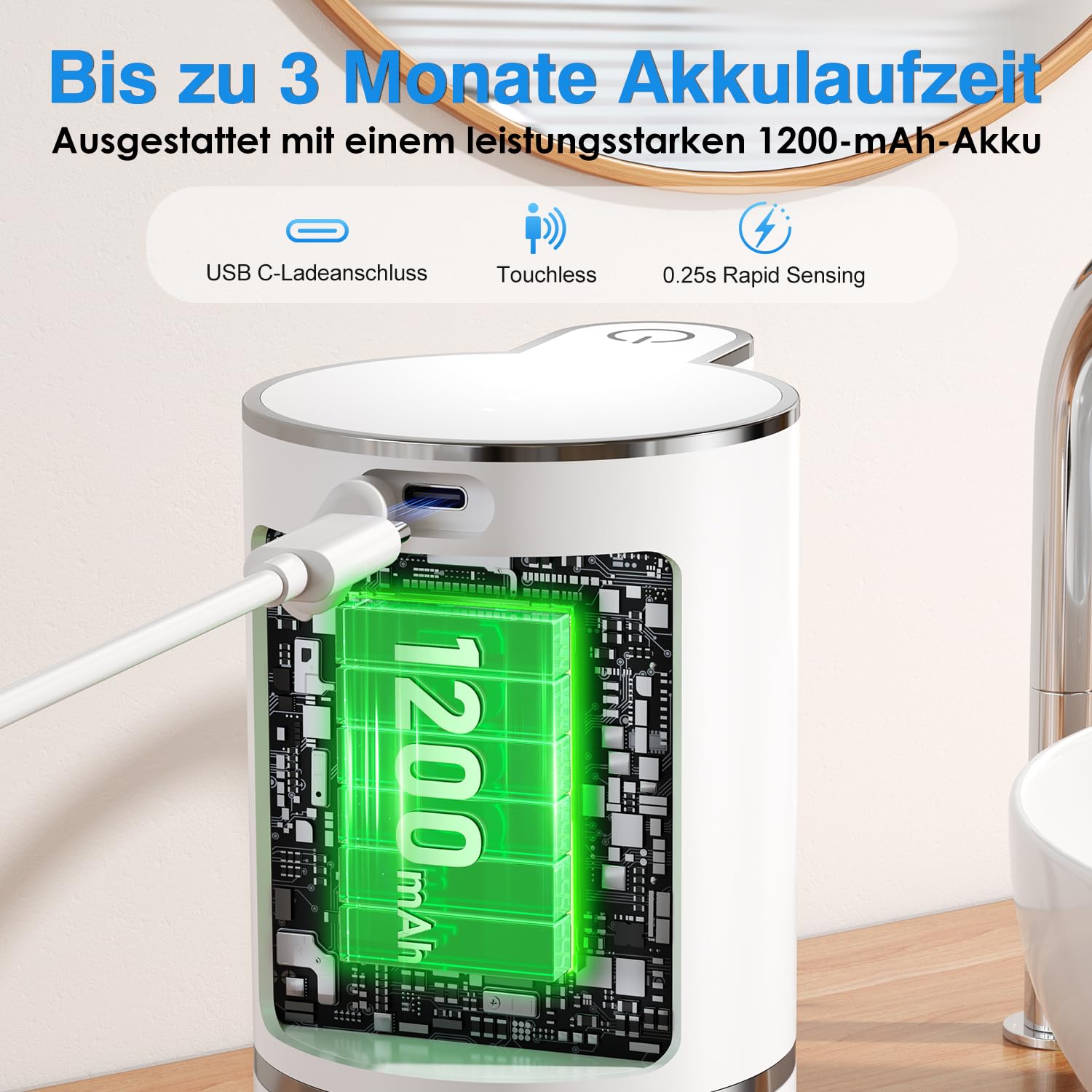 Automatyczny dozownik mydła w płynie, bezdotykowy z czujnikiem, 380 ml, montaż ścienny, ładowanie przez USB, IPX5, 4-stopniowy, regulowany elektryczny dozownik mydła do łazienki i kuchni, biały