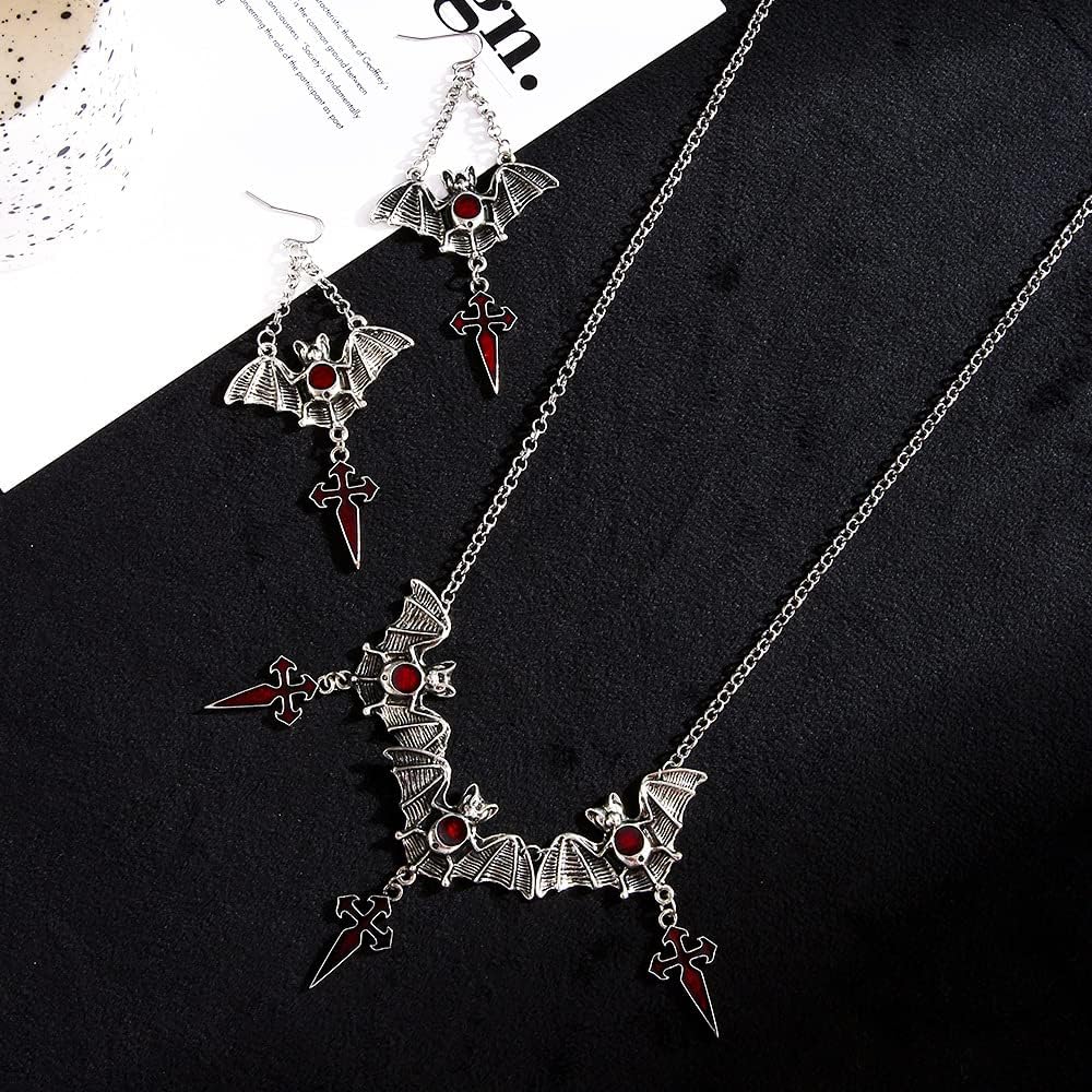 Halloween Bat Wing Red Crystal Spike Cross Necklace Earrings Jewelry Set For Women Gothic Punk Statement Vintage Costume Party Adjustable Silver Color - Image 3