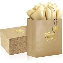 Biotakeware 50 Pack Wedding Thank You Gift Bags Bulk with Tissue Paper and Tags, Kraft Paper Gift Bags with Handles, Brown Gold Foil Thank You Bags for Birthday, Baby Shower, Small Business Packaging