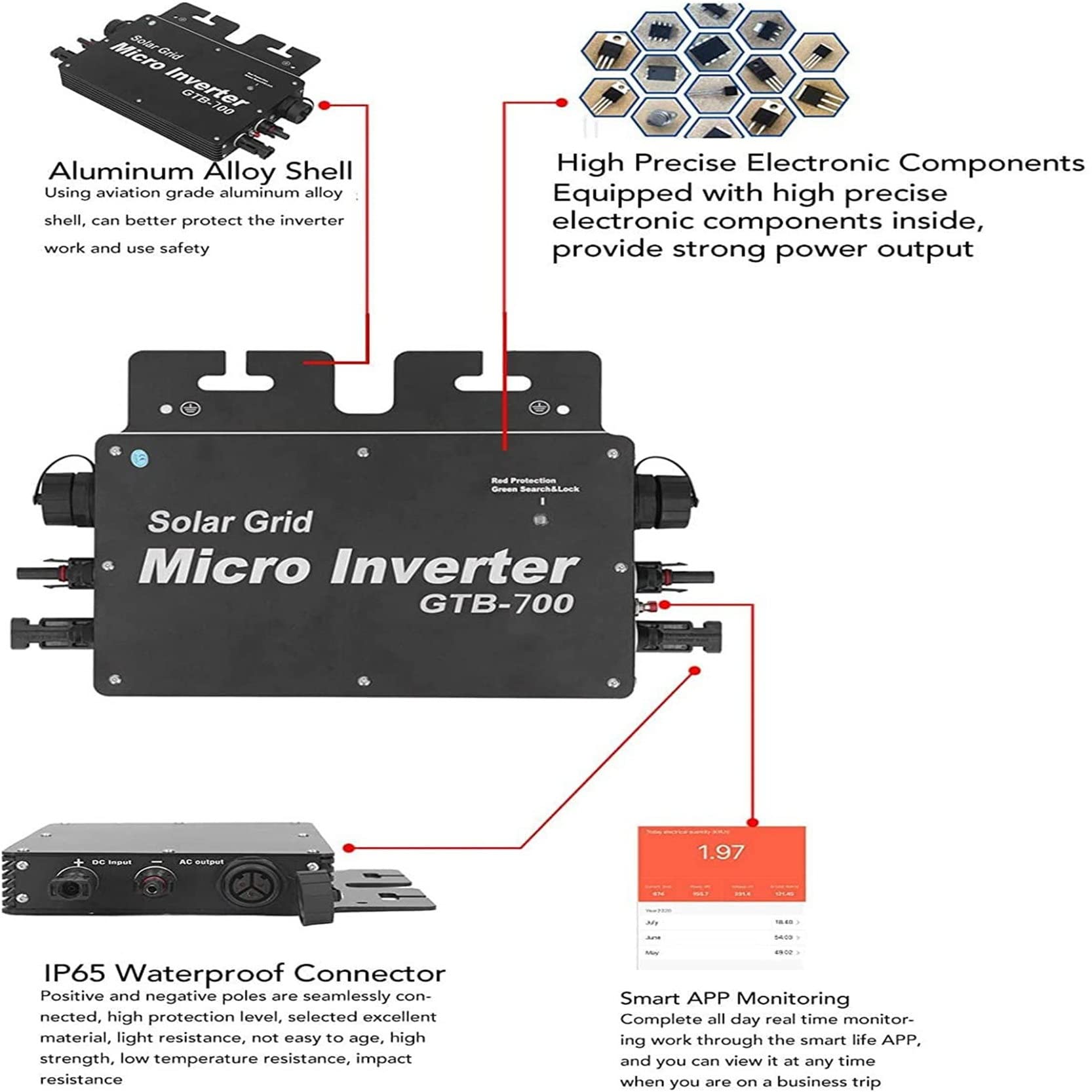 Micro Solar Inverter Grid Tied, WVC-400W, 600W, 700W, 800W MPPT Wodoodporny solarny inwerter sieciowy, sterowanie WIFI 120V 230V Autoidentyfikacja Mikroinwerter mocy,700W