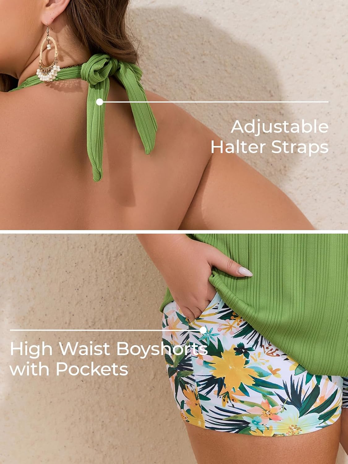 Summer Mae Ribbed Plus Size Tankini Swimsuits for Women Two Piece Bathing Suit with Pockets Shorts High Waist Swimwear Autumn Flower Clusters 18 Plus image 5 of 7 B0DT6162KC