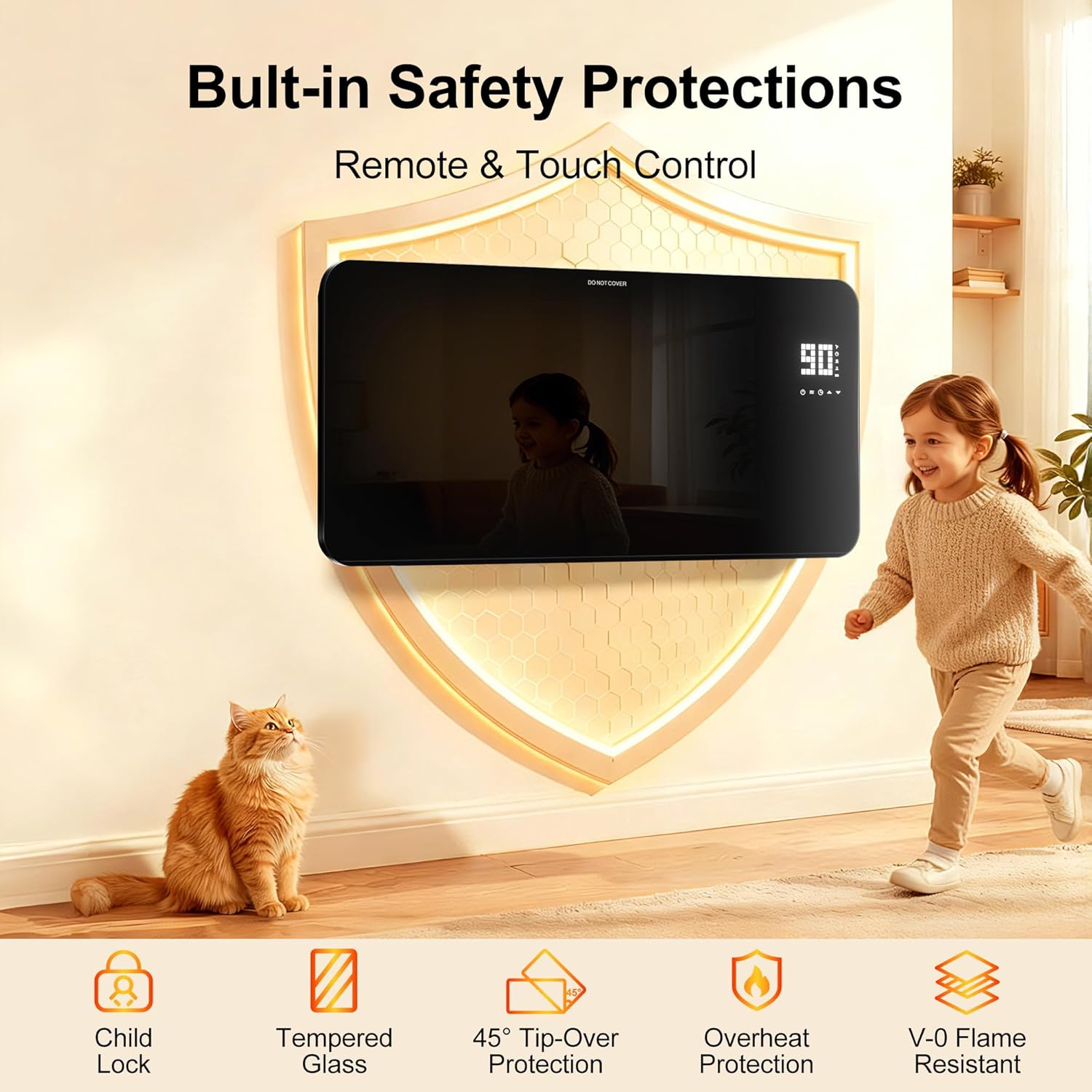 Uthfy Convection Panel Heater showing both wall-mount and floor-standing installation methods with dimensions.