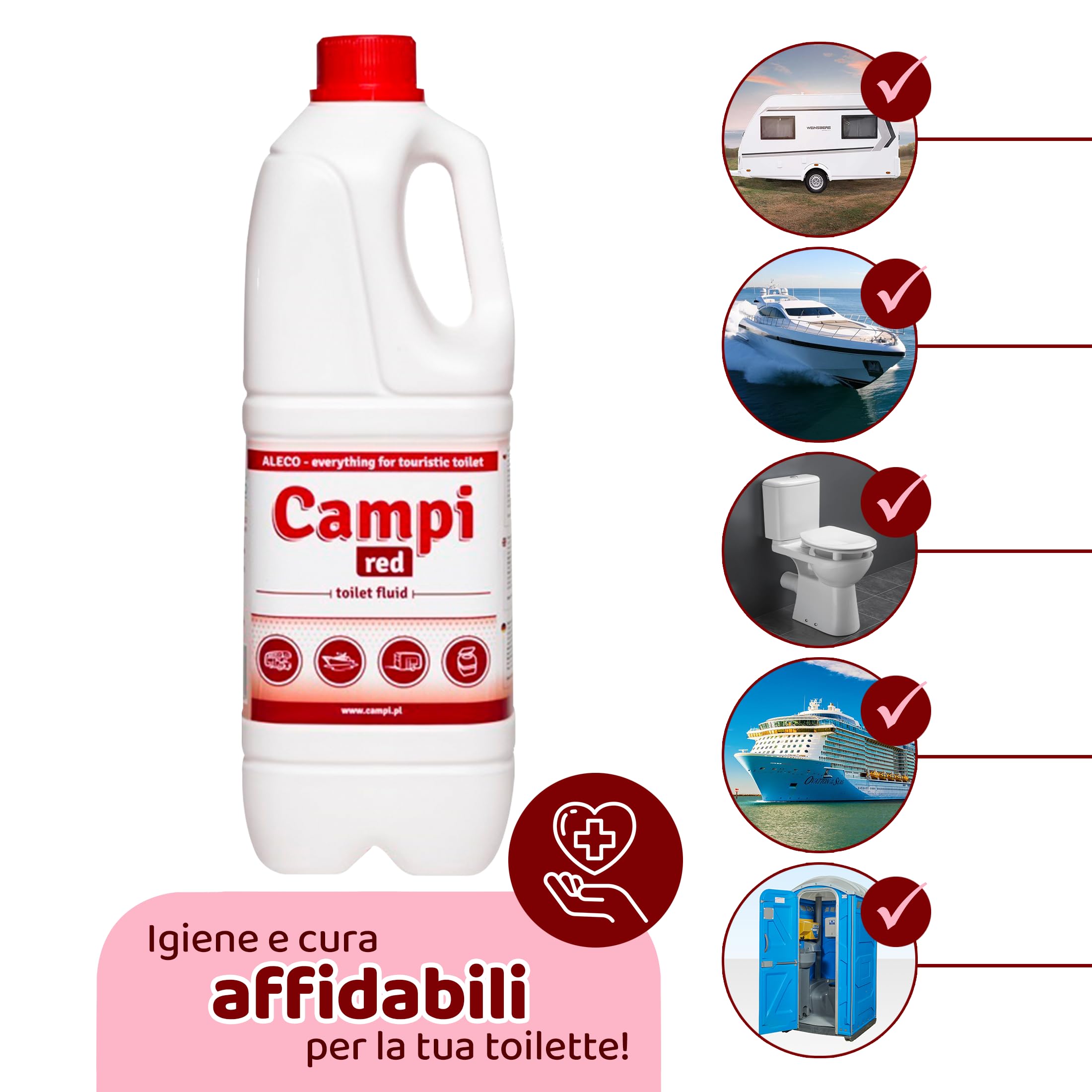 CAMPI Blue 2L + Red 2L + Carta Igienica – Set di Fluidi Chimici e Sanitari per WC da Campeggio – Additivo per WC per Serbatoi di Acque Dolci e di Scarico – Fluido per Roulotte e Barche