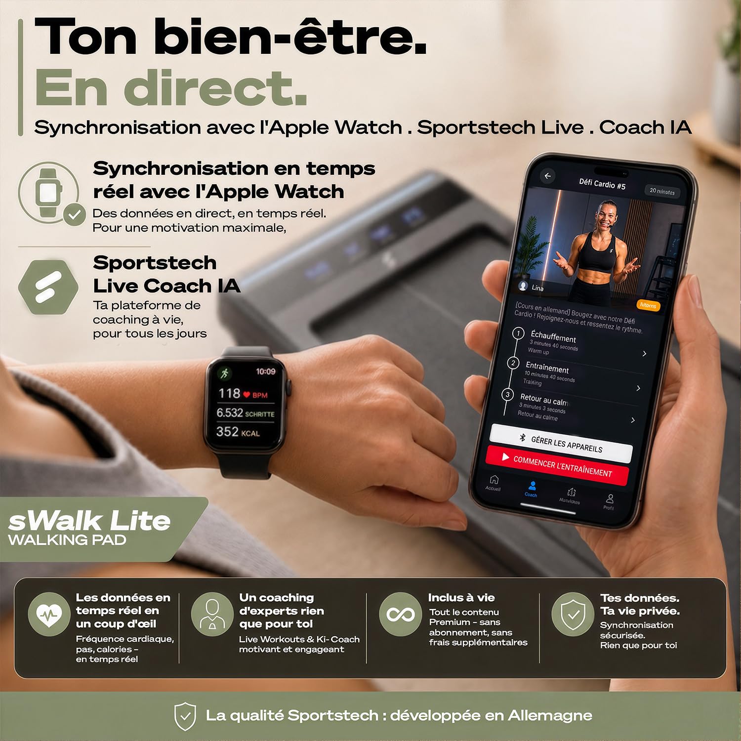 Swalk Lite Walk Pad avec LED Interactive - jusqu'à 6 km/h - idéal pour Le Bureau à Domicile - avec 1 an d'App STL Incluse - Marque de qualité Allemande - Peu encombrant - Poids jusqu'à 120 kg