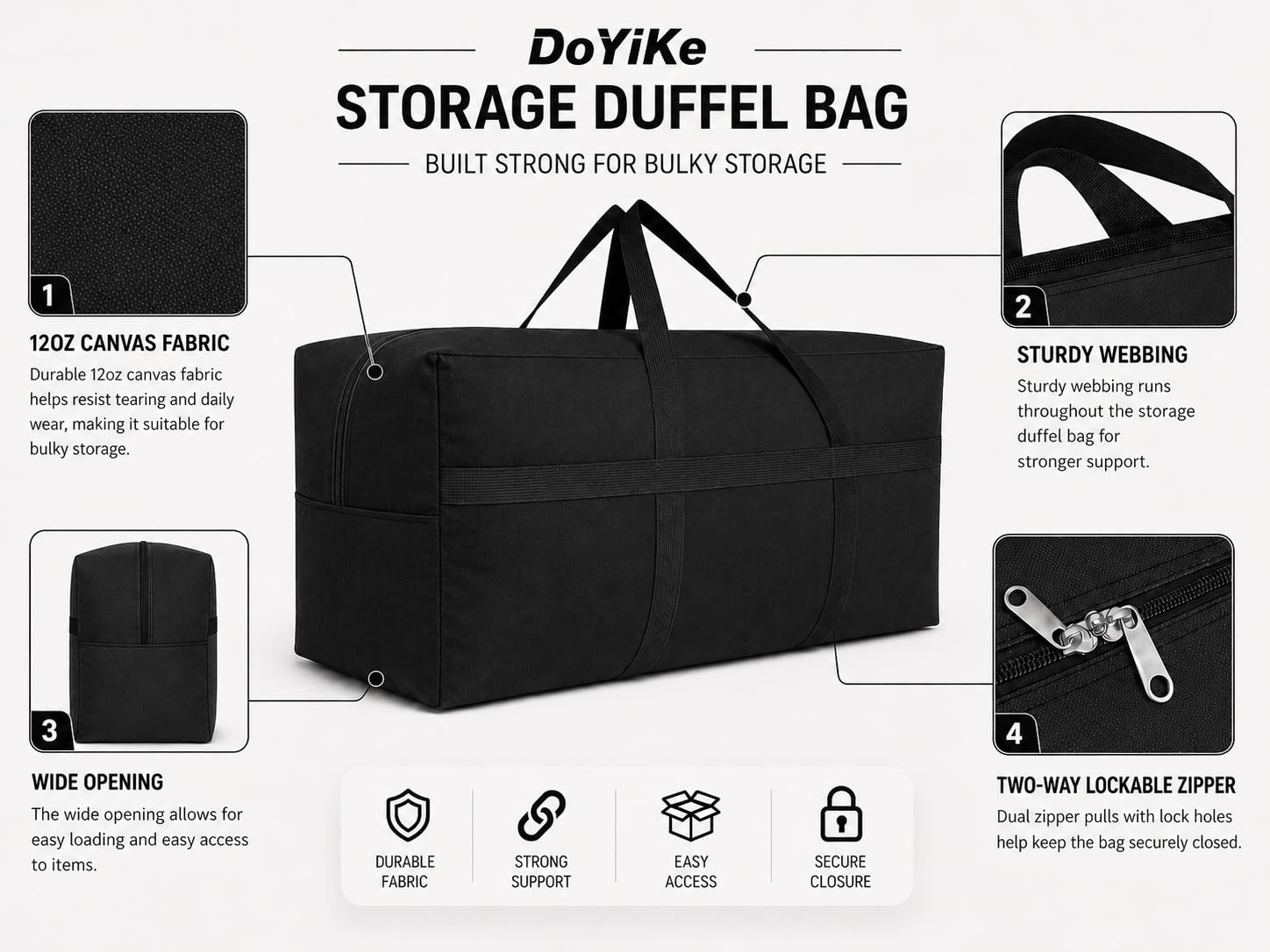 DoYiKe Bolsa de Lona de Almacenamiento Extra Grande con Cremalleras y Asas, Gran Bolsa de Lona Plegable para Viajar