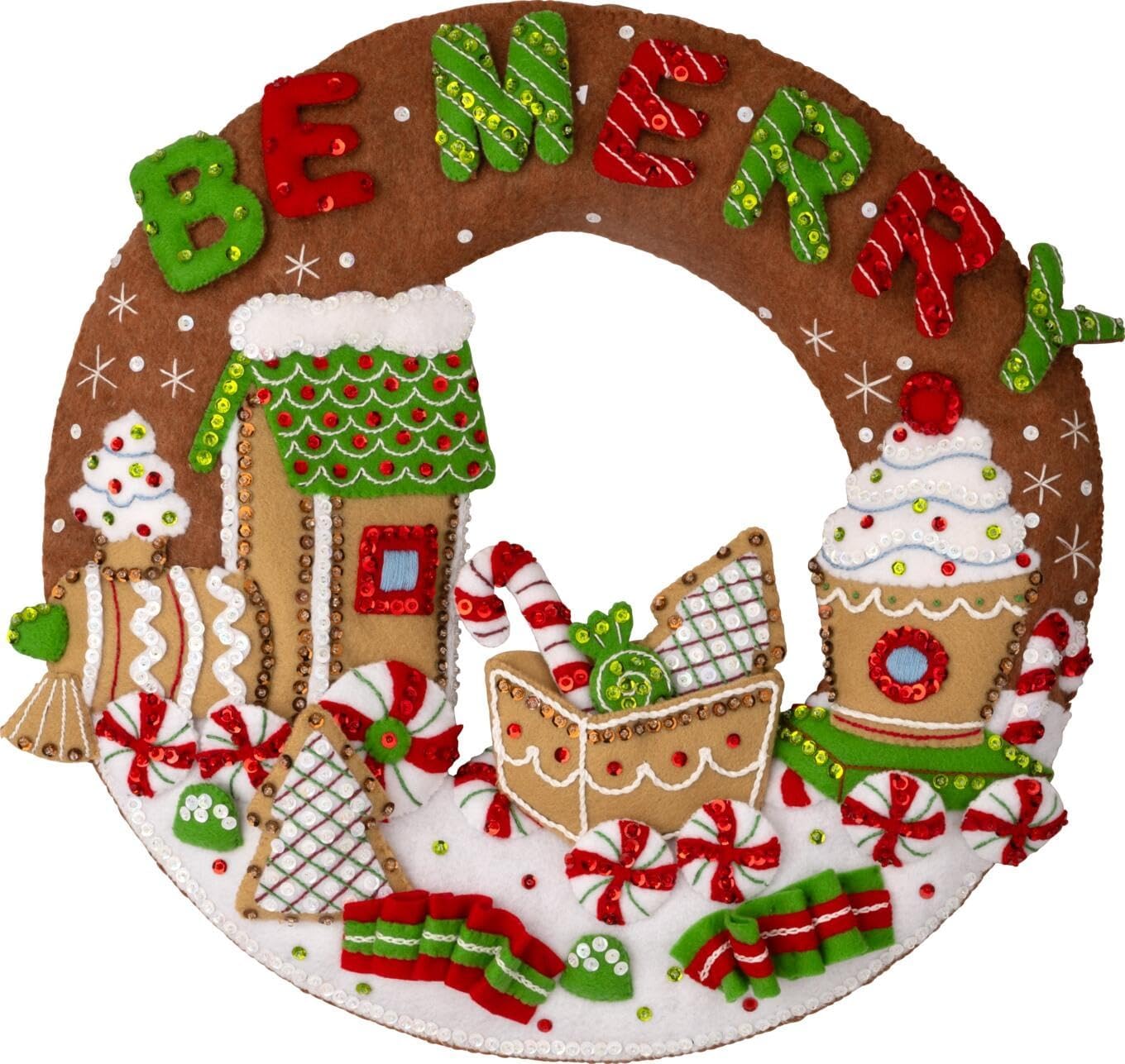 Bucilla Felt Applique Wreath Making Kit, Gingerbread Express, Perfect for DIY Arts and Crafts, 89677E