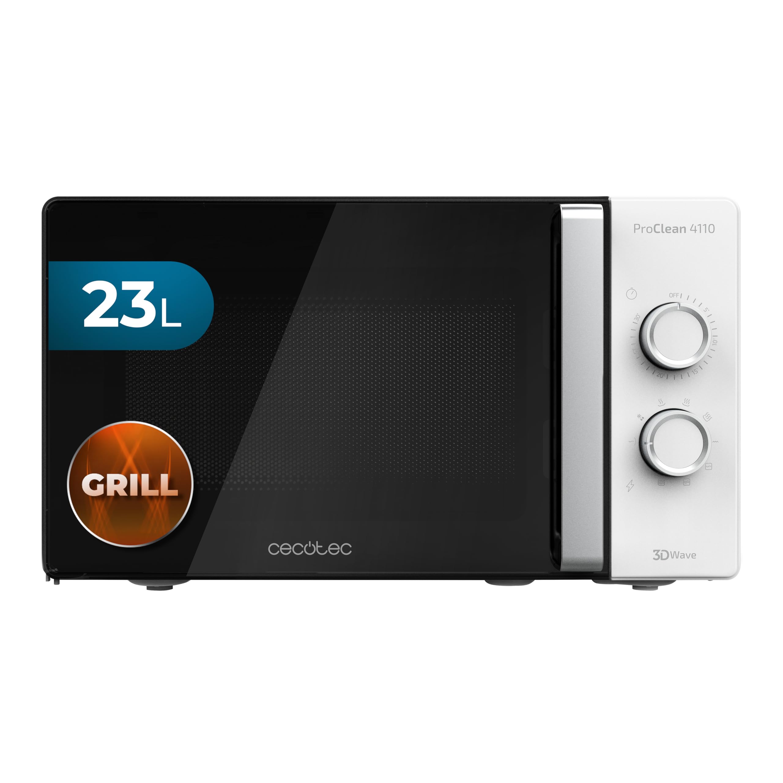 Cecotec Microondas con Grill ProClean 4110. 700W Potencia, Grill de 800 W, Capacidad 23 l, Revestimiento Ready2Clean, Tecnología 3D Wave, Temporizador 30mins, Puerta Full Crystal