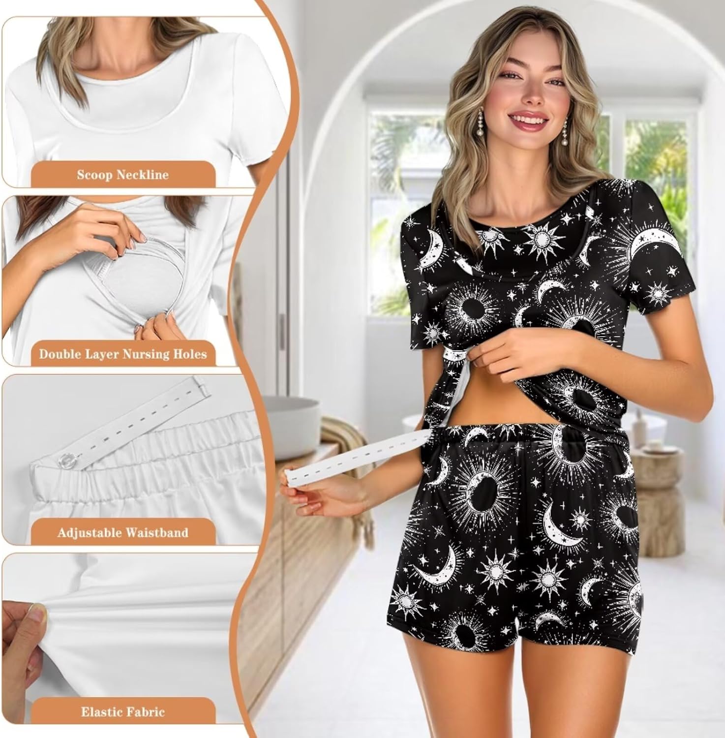 Women's Maternity Nursing Pajama Sets Double Layer Postpartum Pajamas with Elastic Waistband