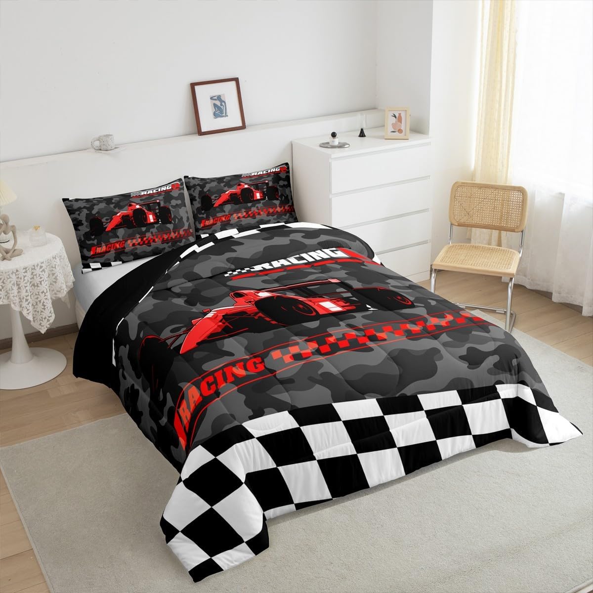 Feelyou Red Racing Car Bedding Set Full Size Kids Boys Cartoon Race Car Comforter Set for Teens Toddler Extreme Sports Duvet Set Camouflage Quilt Set 3Pcs