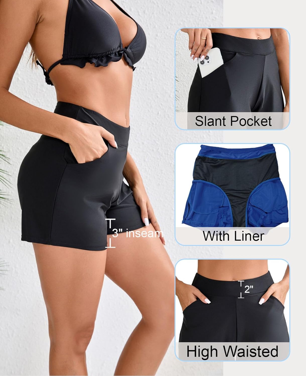 Halcurt Women's 3" High Waisted Swim Board Short with Liner (Available in Plus) Pokcet Boyshorts Swimsuit Bottoms - Image 4