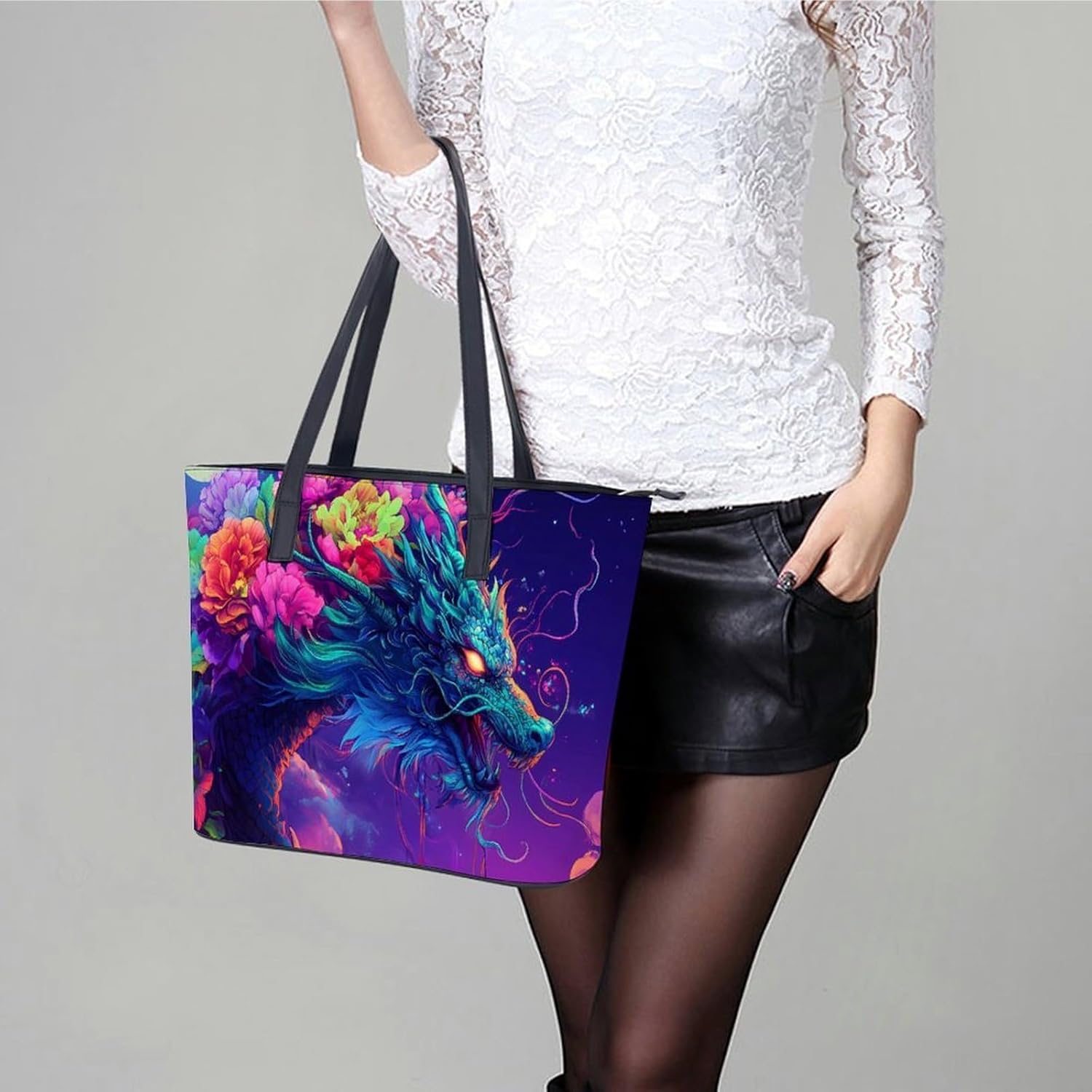 Dragon with Flowers Moon Night Women's Satchel Handbags Tote Shoulder Bag Purses for Travel Shopping Work