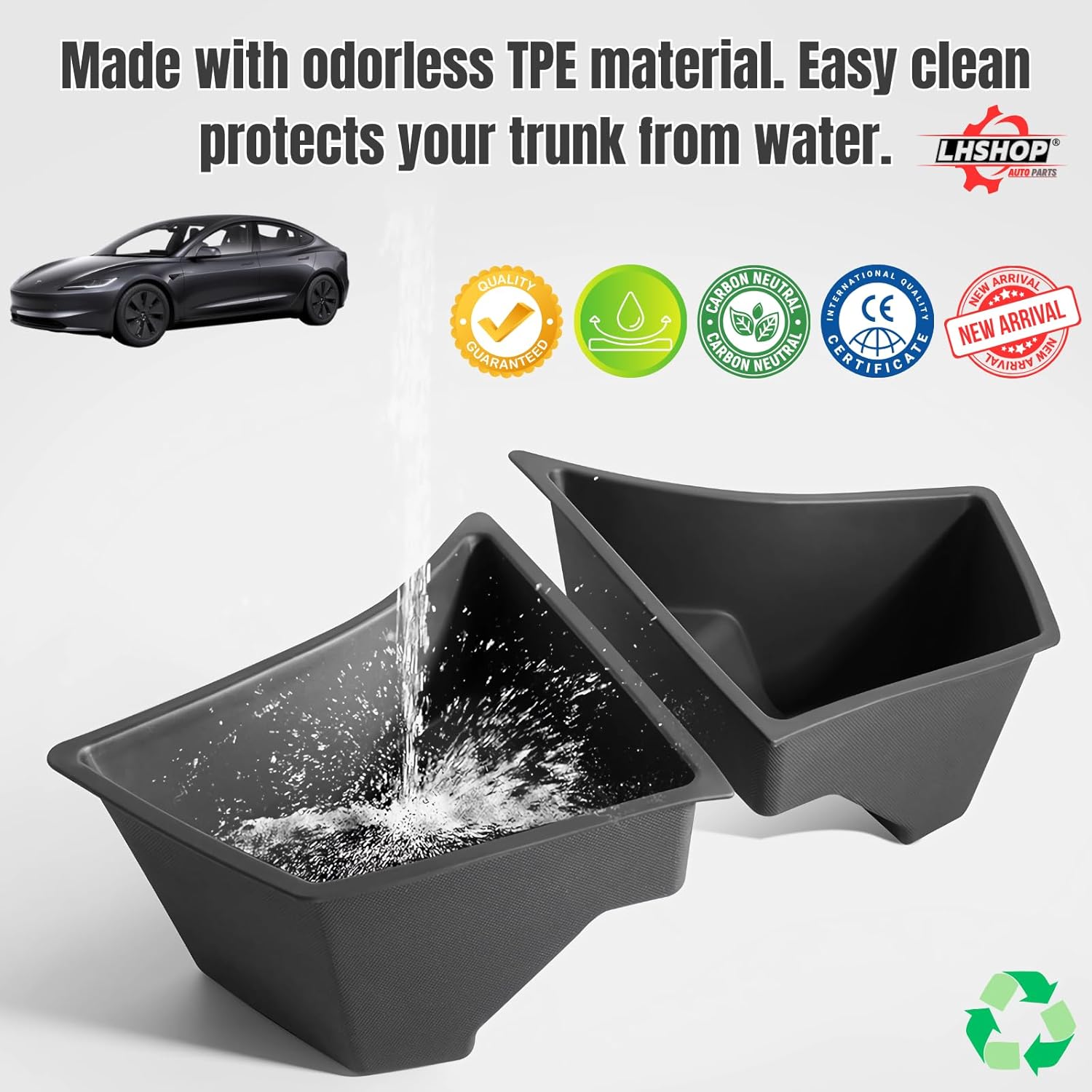 For Tesla Model 3 2024 Refresh (Highland) Trunk Side Storage Bins, TPE Trunk Organizer with Lid, Car Travel Essentials Inside Interior Waterproof Storage Box Accessories - 2 Pack